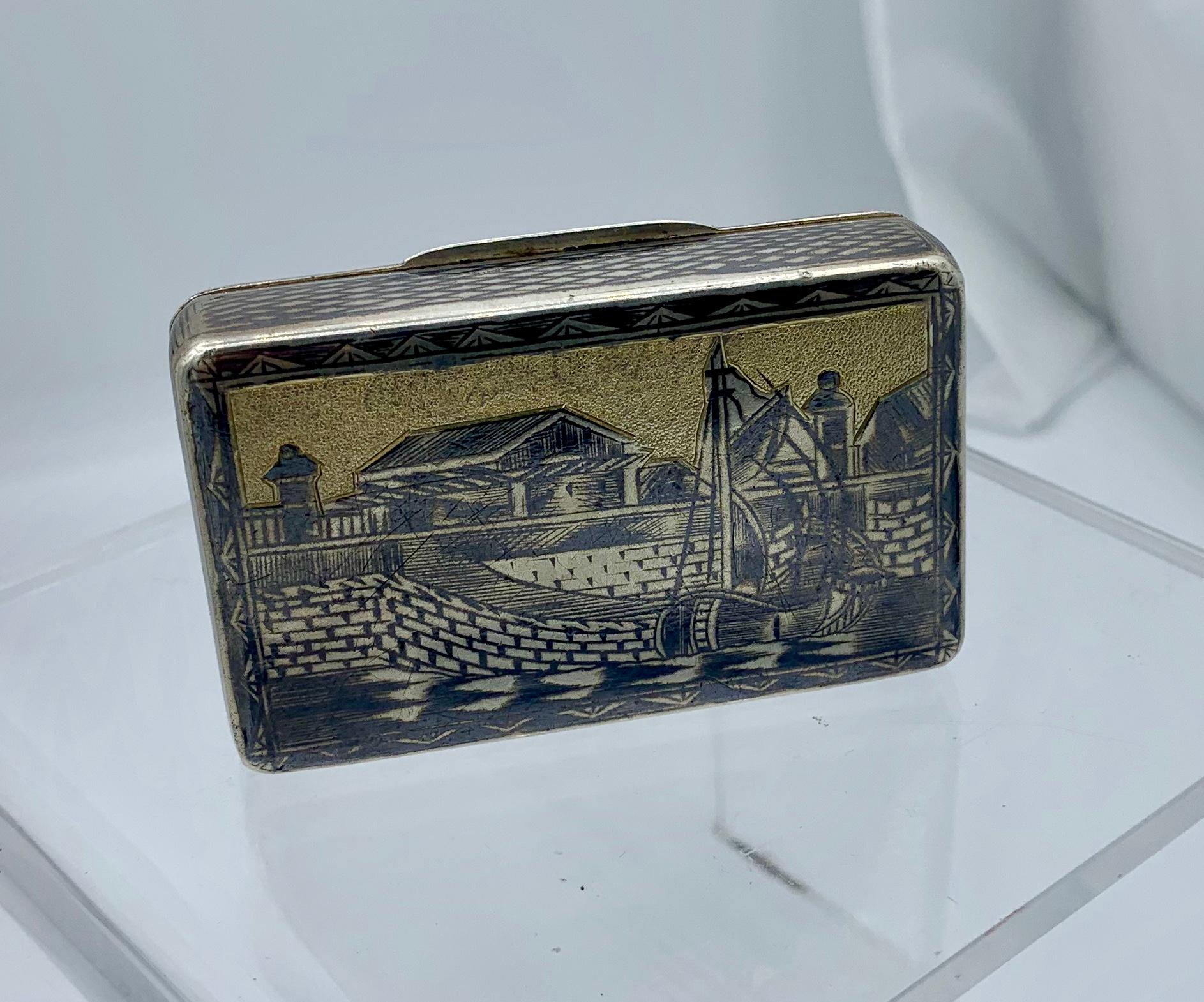 Antique 1841 Russian Silver Niello Snuff Box Village River Horseman In Good Condition In New York, NY