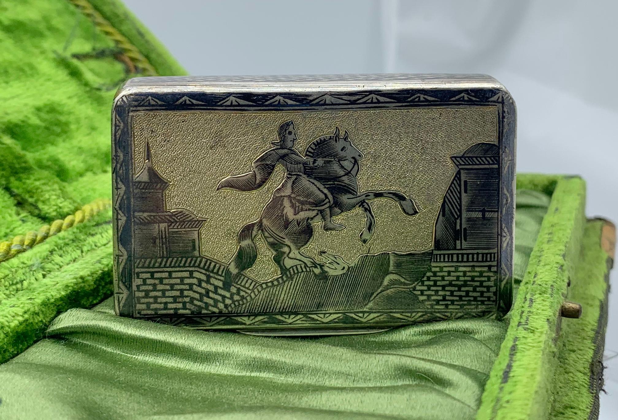 Women's or Men's Antique 1841 Russian Silver Niello Snuff Box Village River Horseman