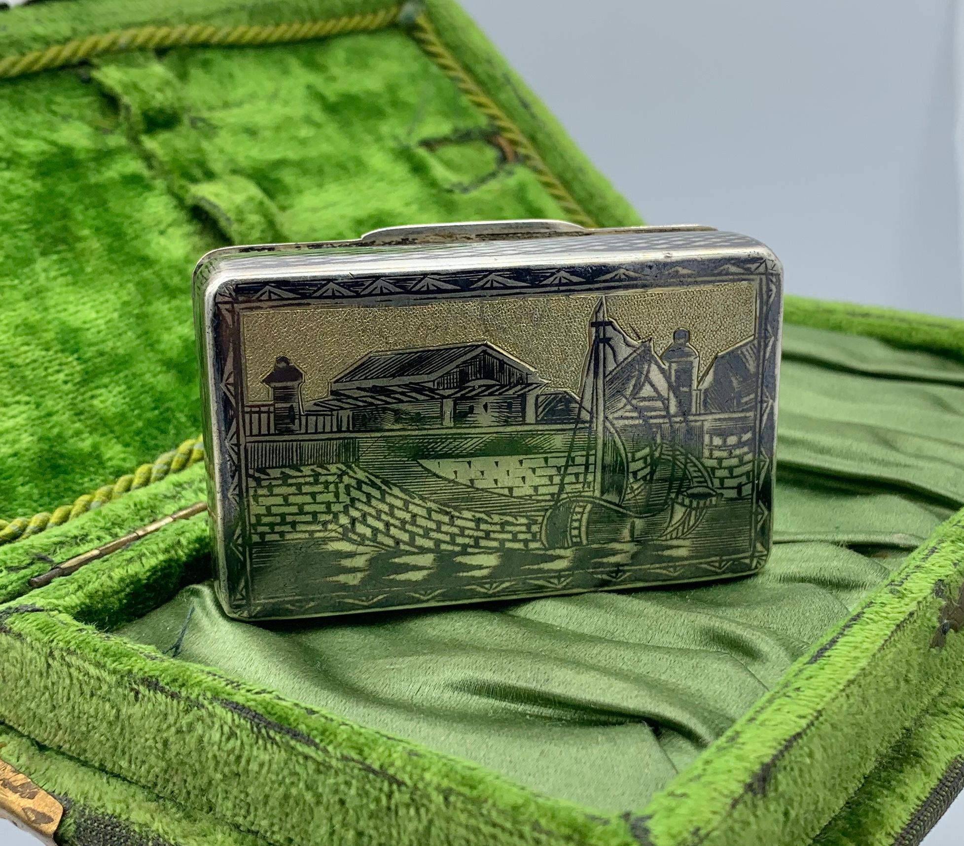 Antique 1841 Russian Silver Niello Snuff Box Village River Horseman 2