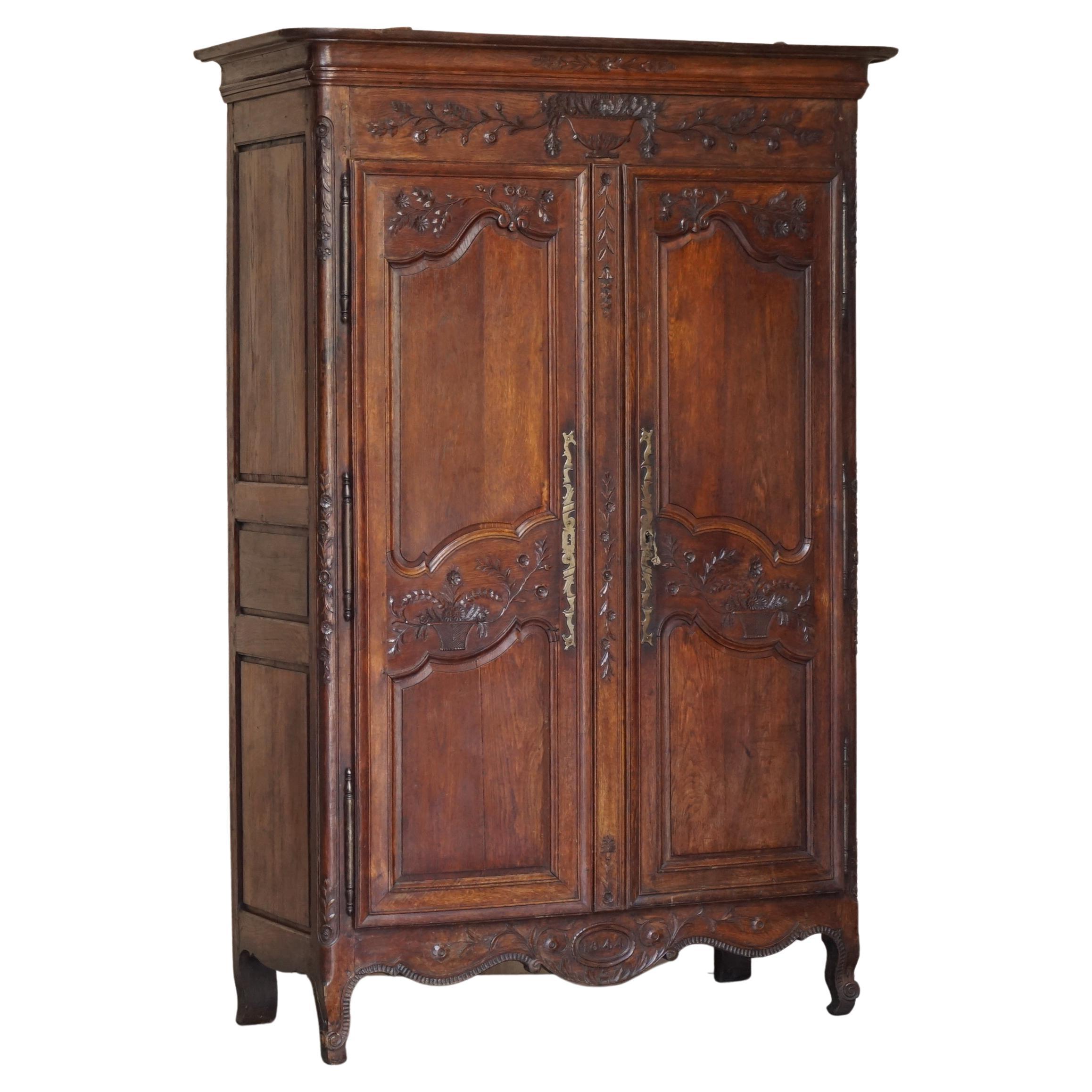Antique 1844 Carved & Dated Large Wardrobe Armoire with Expertly Crafted Panels For Sale