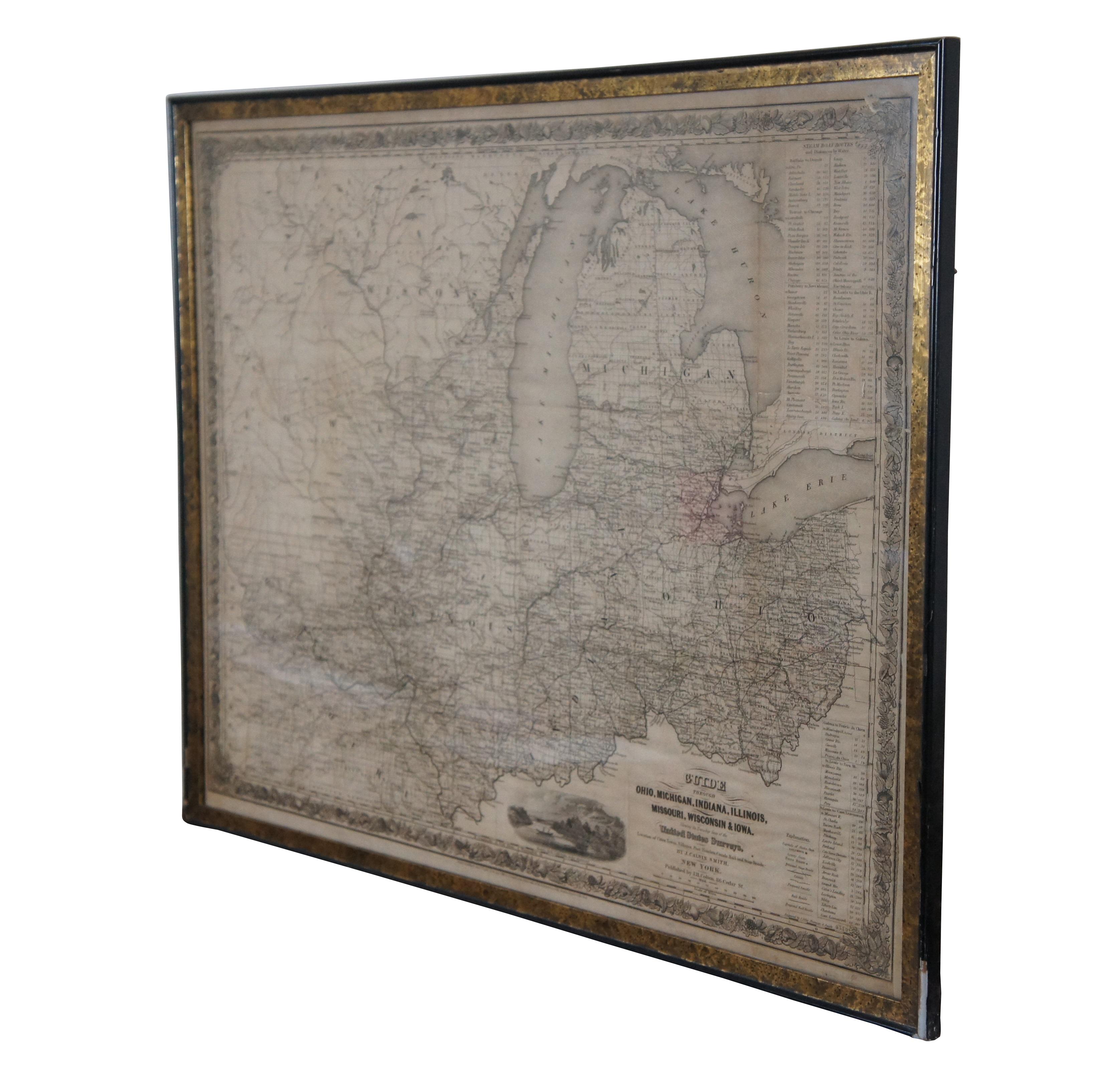 Antique framed black and white map of seven Midwestern American states. Guide Through Ohio, Michigan, Indiana, Illinois, Missouri, Wisconsin, & Iowa. Showing the Township Lines of the United States Surveys, Location of Cities, Towns, Villages, Post