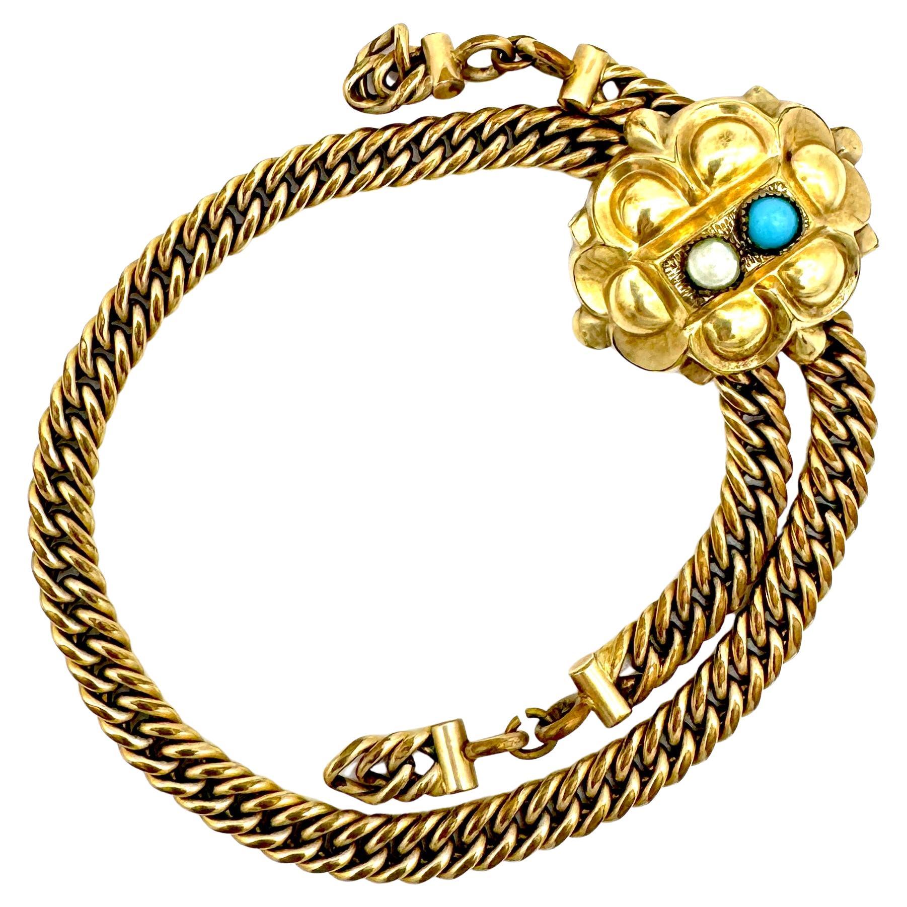 Antike 1845 Biedermeier Armband Kerb Link Vergoldetes Metall Glas Imitation Perle im Angebot