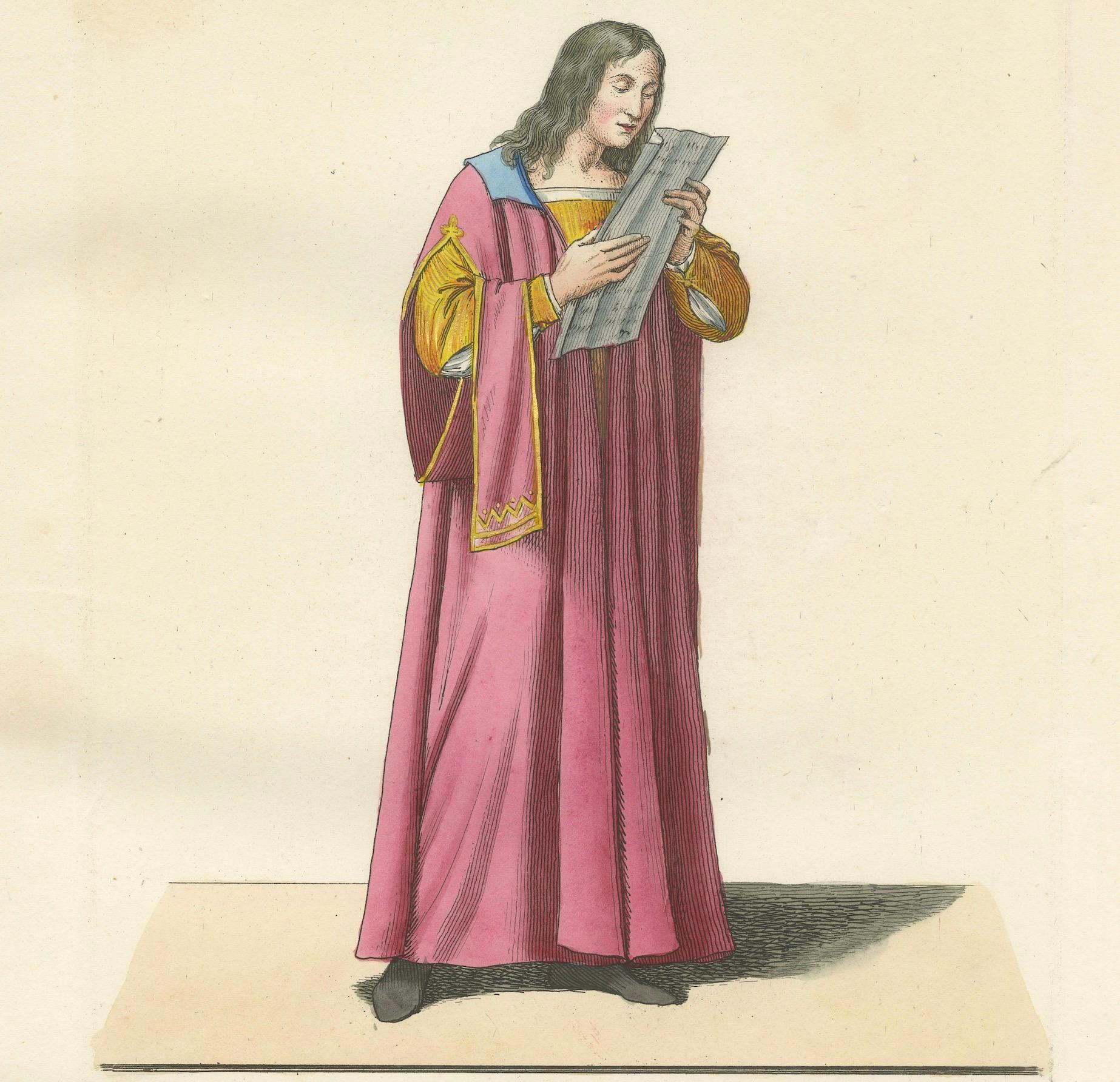 Antique 1845 Hand-Colored Engraving of Medieval Singer in Pink Robe, France

This finely hand-colored engraving from 1845 depicts a medieval male singer or minstrel, shown standing in profile and intently reading a musical manuscript. The figure