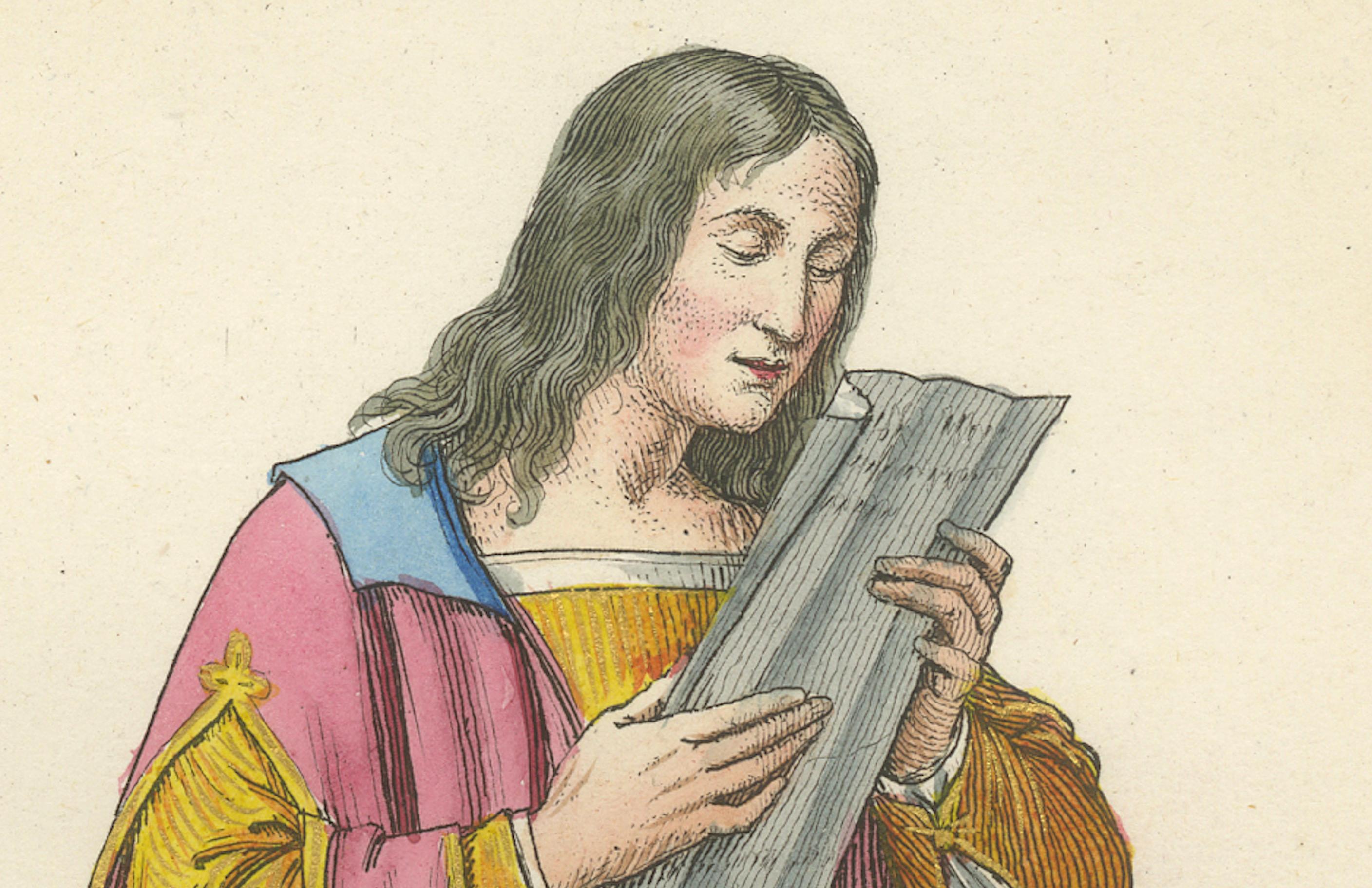 Engraved Antique 1845 Hand-Colored Engraving of Medieval Singer in Pink Robe, France For Sale