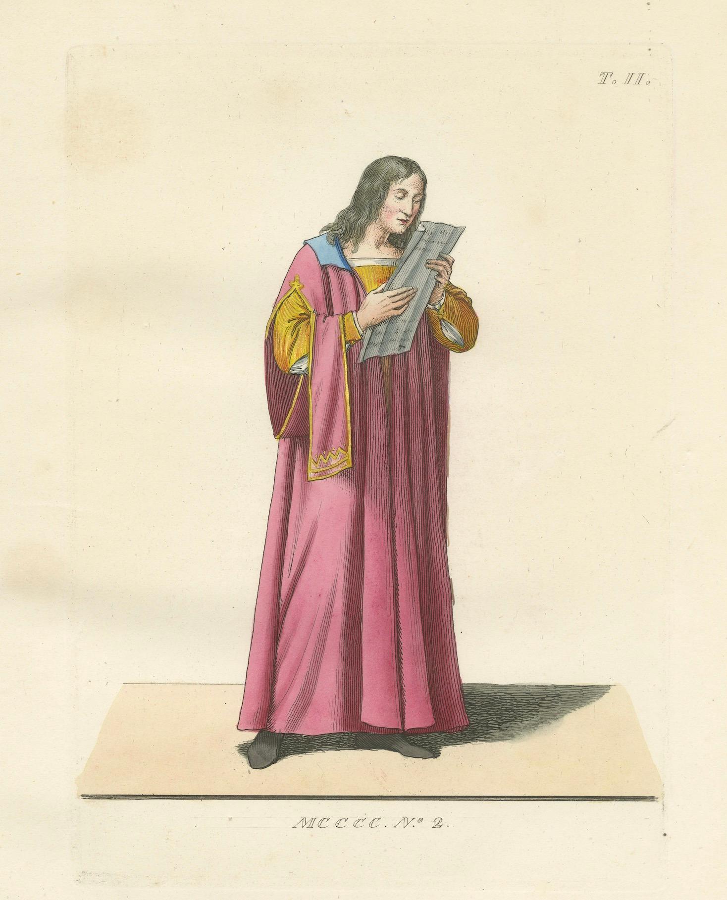 Antique 1845 Hand-Colored Engraving of Medieval Singer in Pink Robe, France In Good Condition For Sale In Langweer, NL