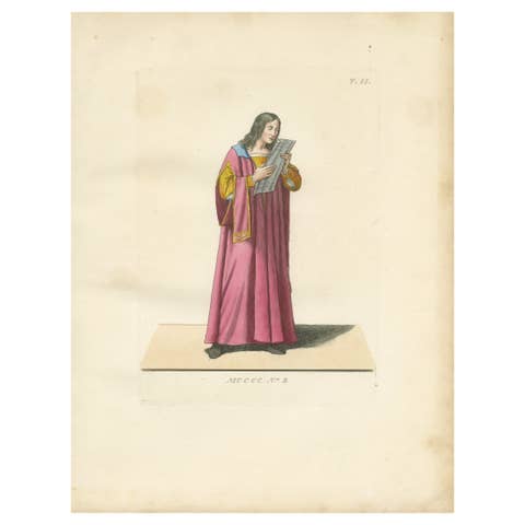 Antique 1845 Hand-Colored Engraving of Medieval Singer in Pink Robe, France