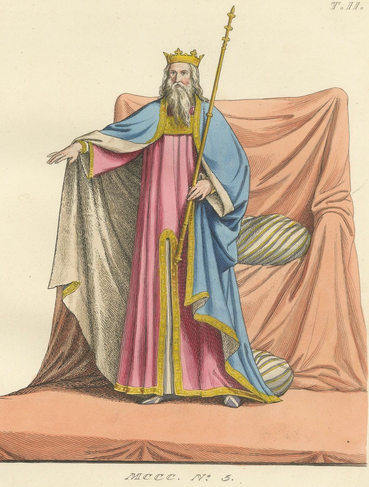 Antique 1845 Hand-Colored Print of a Medieval King in Regal Robes with Scepter

This striking hand-colored engraving from 1845 depicts a majestic medieval king standing in full ceremonial regalia. Draped in flowing robes of rose-pink, royal blue,