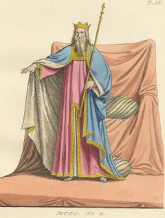 Antique 1845 Hand-Colored Print of a Medieval King in Regal Robes with Scepter