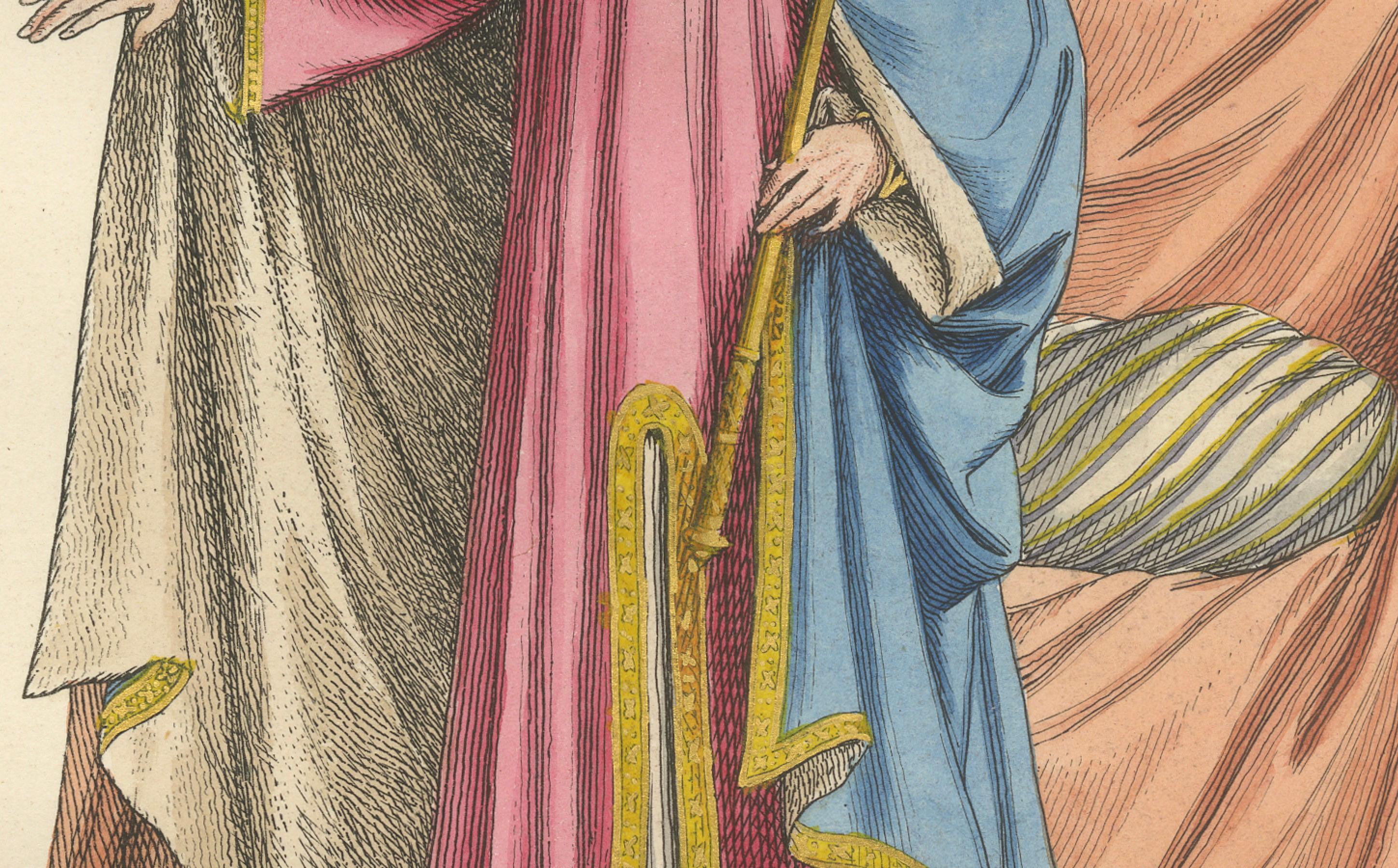 French Antique 1845 Hand-Colored Print of a Medieval King in Regal Robes with Scepter For Sale