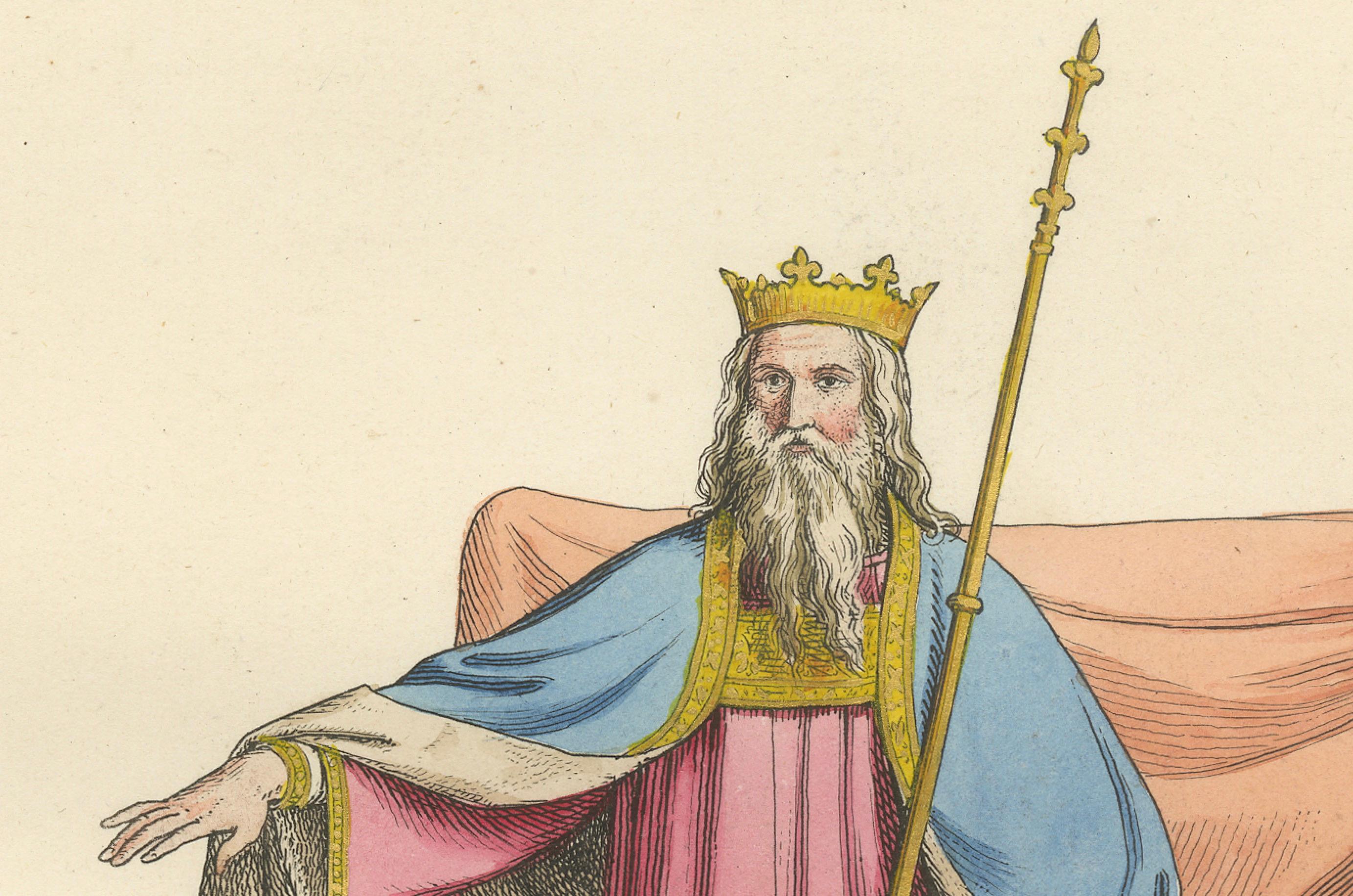 Engraved Antique 1845 Hand-Colored Print of a Medieval King in Regal Robes with Scepter For Sale