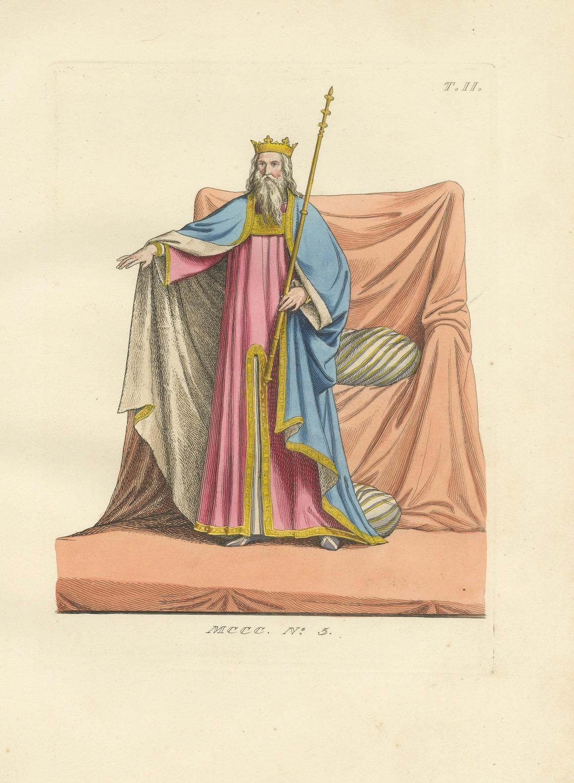 Antique 1845 Hand-Colored Print of a Medieval King in Regal Robes with Scepter In Good Condition For Sale In Langweer, NL