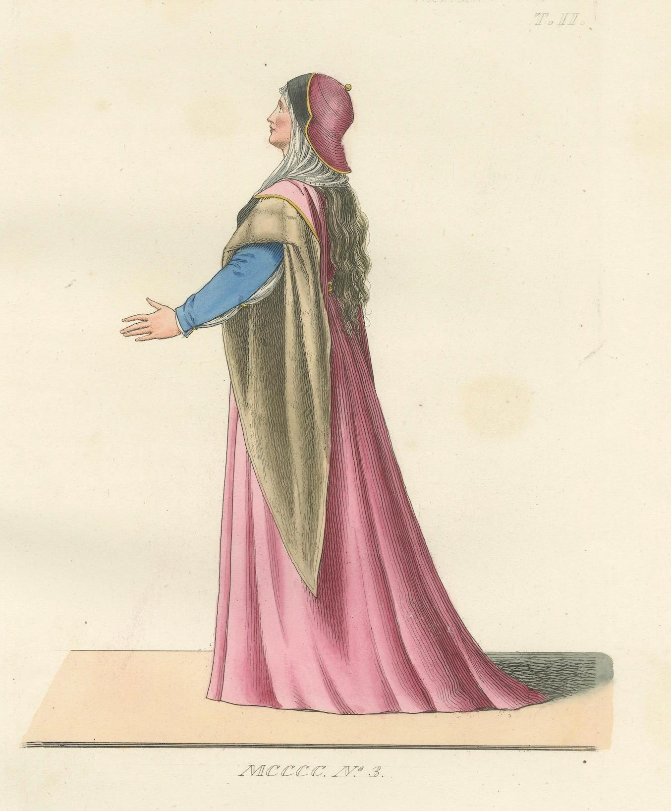 Antique 1845 Hand-Colored Print of a Medieval Woman in Pink and Gold Cape

This elegant hand-colored engraving from 1845 depicts a medieval woman standing in profile, dressed in a flowing rose-pink gown with a rich golden-brown cape and a fitted
