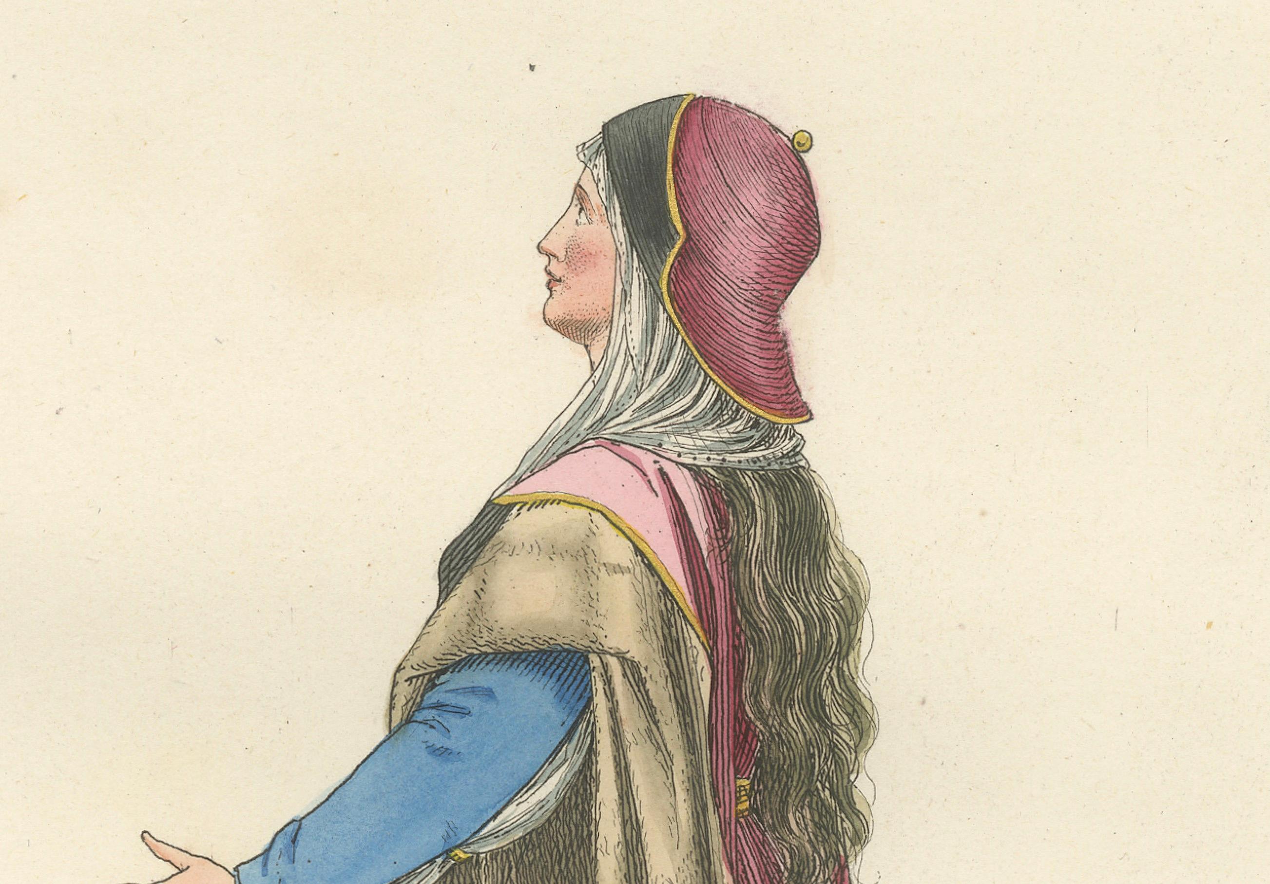French Antique 1845 Hand-Colored Print of a Medieval Woman in Pink and Gold Cape For Sale