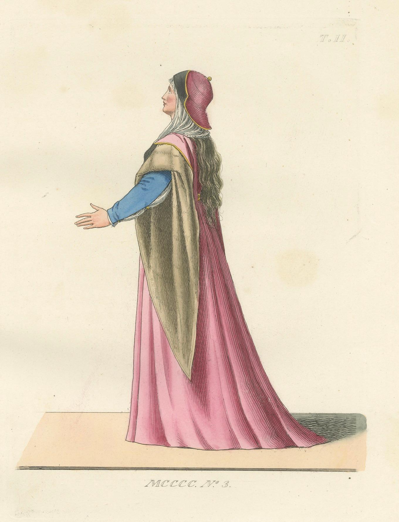 Engraved Antique 1845 Hand-Colored Print of a Medieval Woman in Pink and Gold Cape For Sale