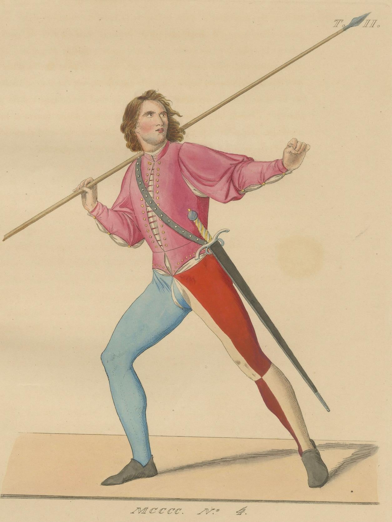 Antiker handkolorierter Druck eines mittelalterlichen Speerkämpfers in bunter Tunika und Strumpfhose von 1845

Dieser lebhafte handkolorierte Stich aus dem Jahr 1845 zeigt einen mittelalterlichen Speerkämpfer oder Soldaten in dynamischer Haltung,