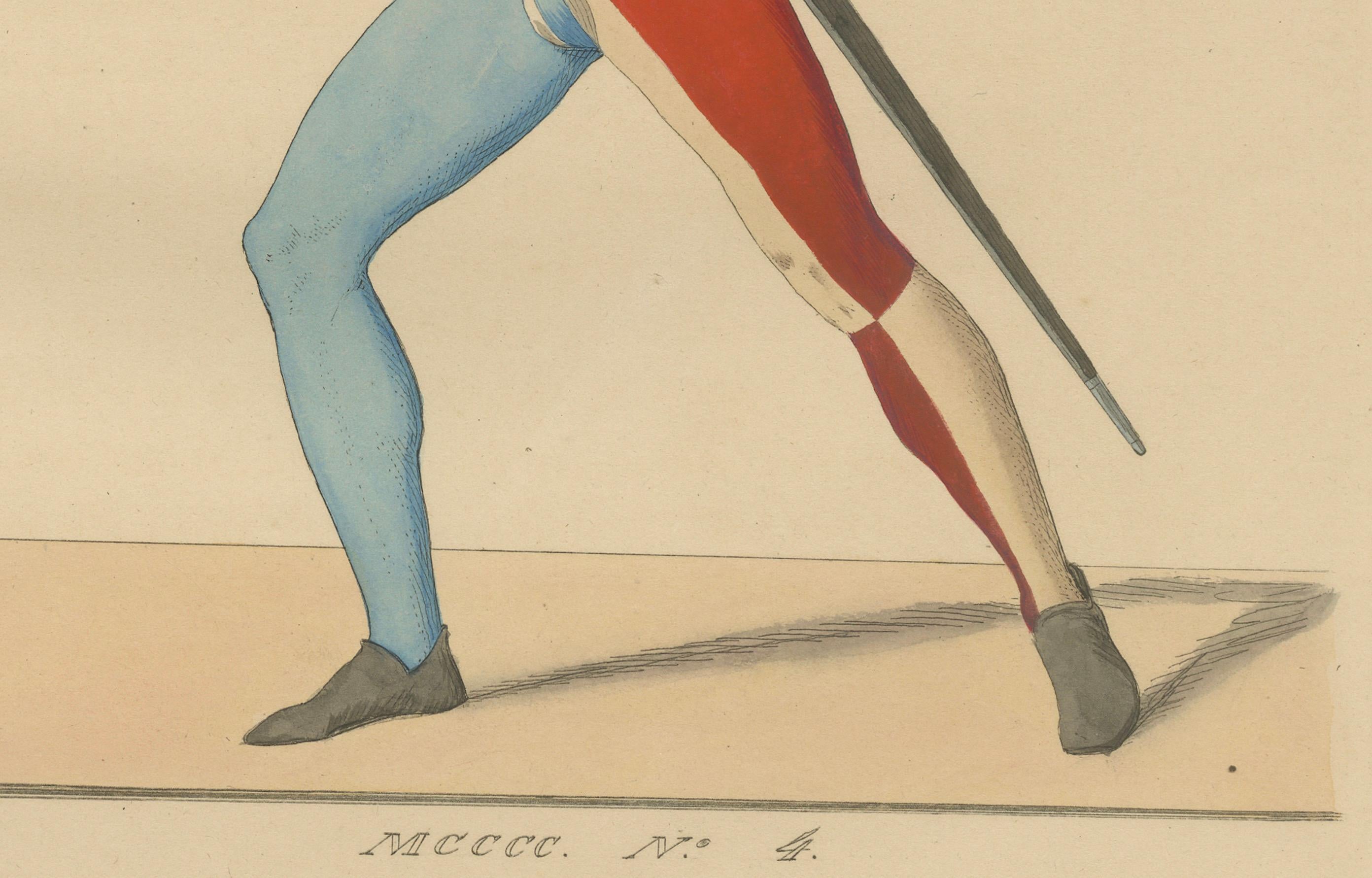 Antike 1845 Hand-Colored Druck der mittelalterlichen Spearman in bunten Tunika & Strumpfhosen (Französisch) im Angebot
