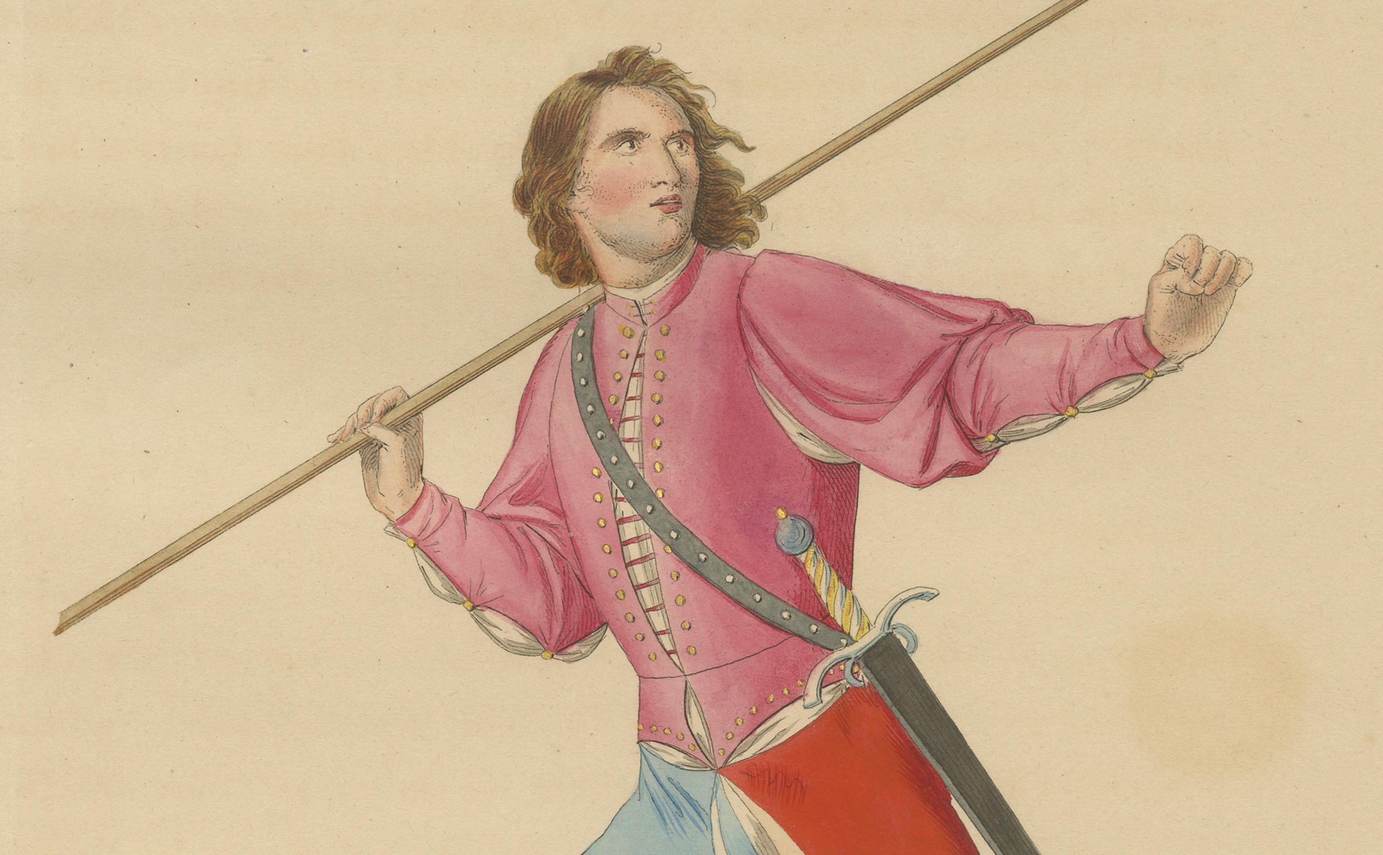 Antike 1845 Hand-Colored Druck der mittelalterlichen Spearman in bunten Tunika & Strumpfhosen (Graviert) im Angebot