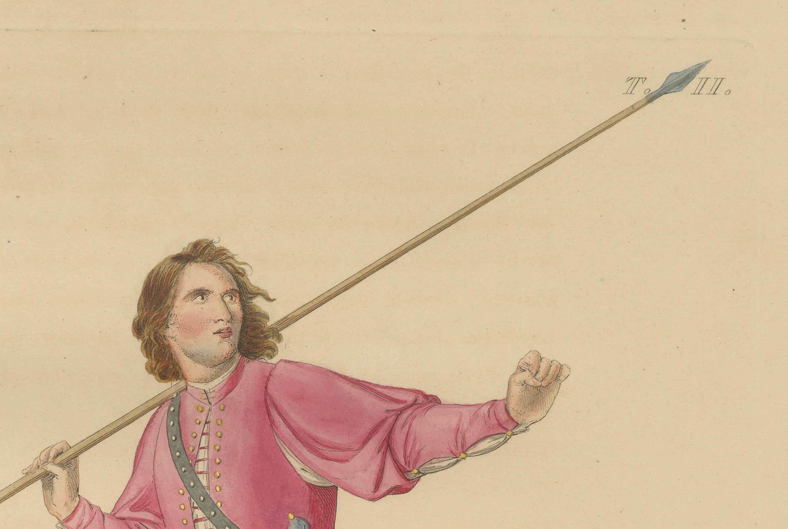 Antike 1845 Hand-Colored Druck der mittelalterlichen Spearman in bunten Tunika & Strumpfhosen im Zustand „Gut“ im Angebot in Langweer, NL