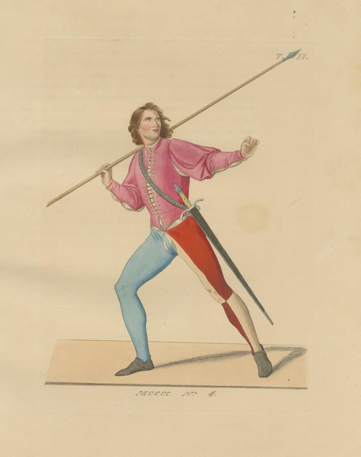Antike 1845 Hand-Colored Druck der mittelalterlichen Spearman in bunten Tunika & Strumpfhosen (19. Jahrhundert) im Angebot