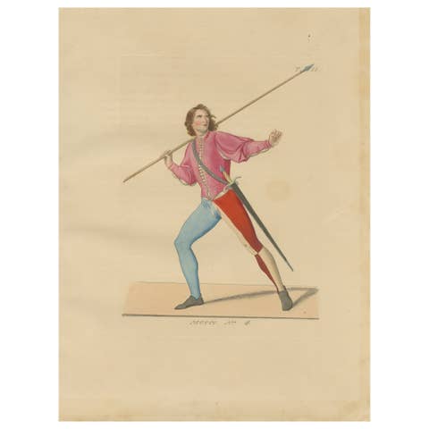 Antique 1845 Hand-Colored Print of Medieval Spearman in Colorful Tunic & Tights