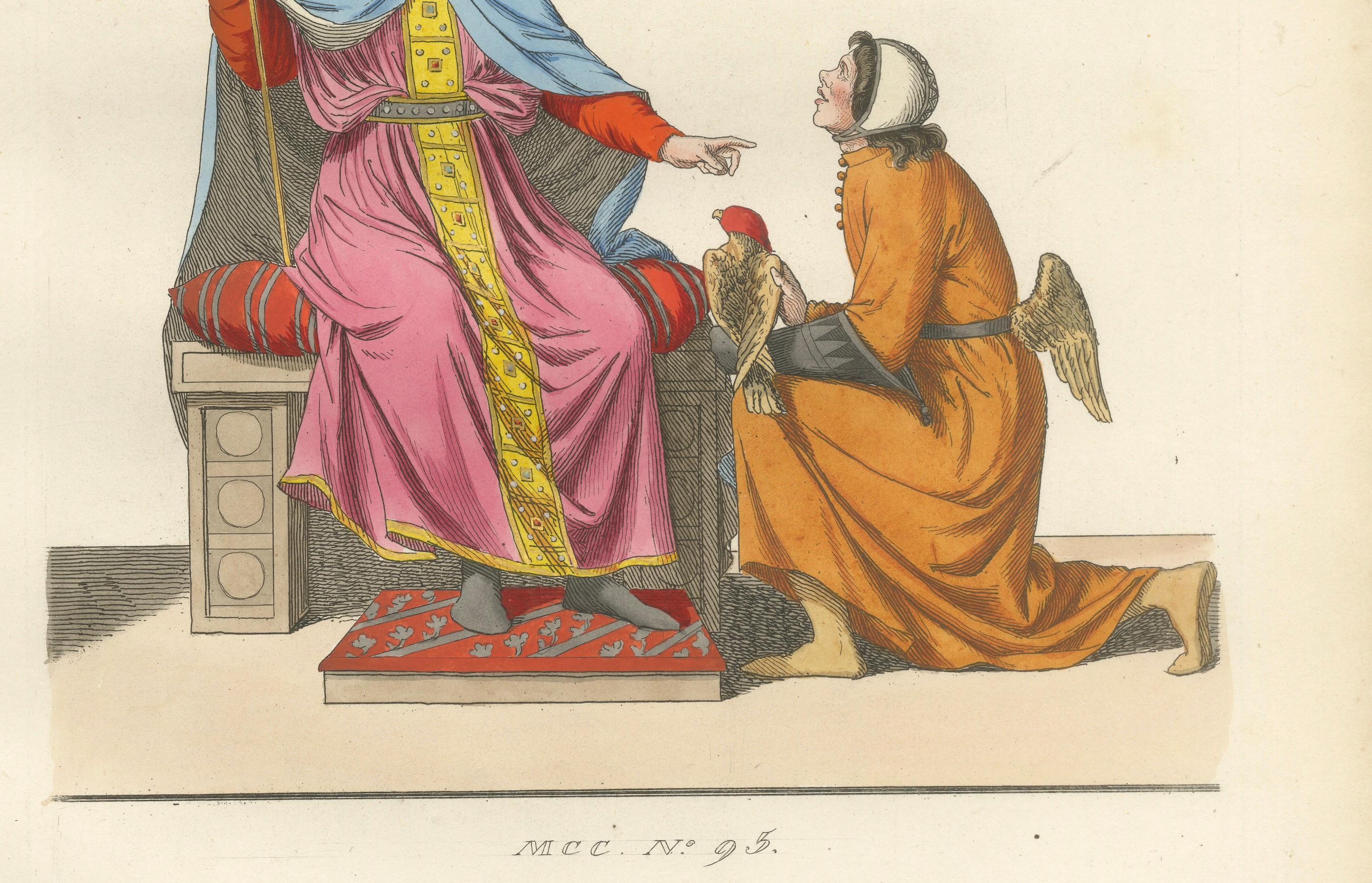 Ritual cortesano disfrazado y poder - Rey y ángel en el esplendor del siglo XV

Este vívido grabado coloreado a mano, publicado en 1845 como parte de la célebre serie Costumes Historiques des XIIIe, XIVe et XVe Siècles, presenta un estudio visual