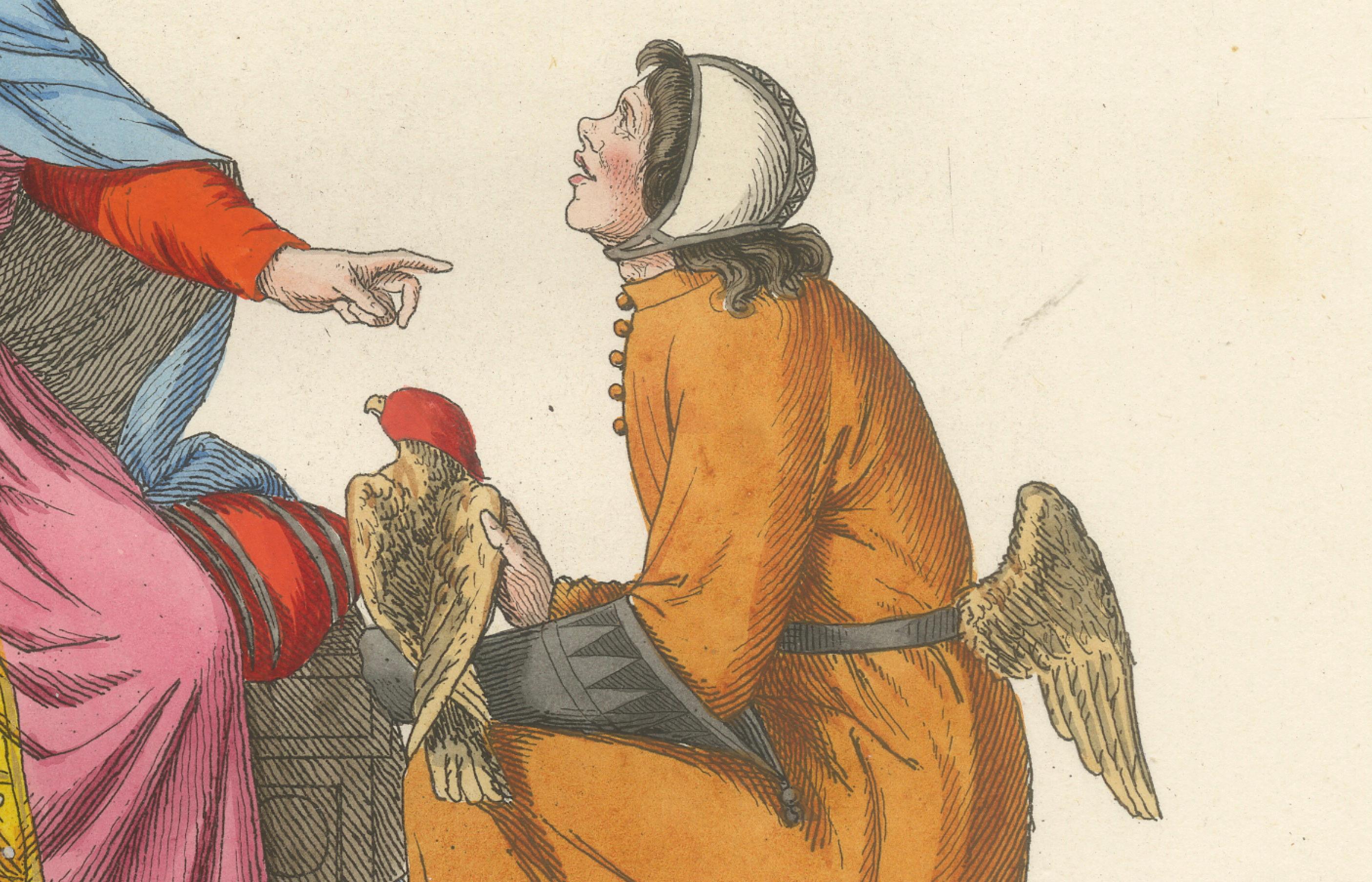 Grabado antiguo de 1845 - Rey y ángel en traje cortesano del siglo XV Francés en venta