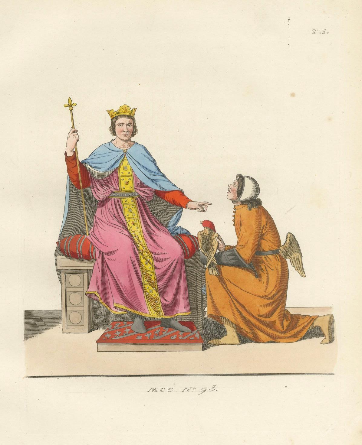 Grabado antiguo de 1845 - Rey y ángel en traje cortesano del siglo XV Papel en venta