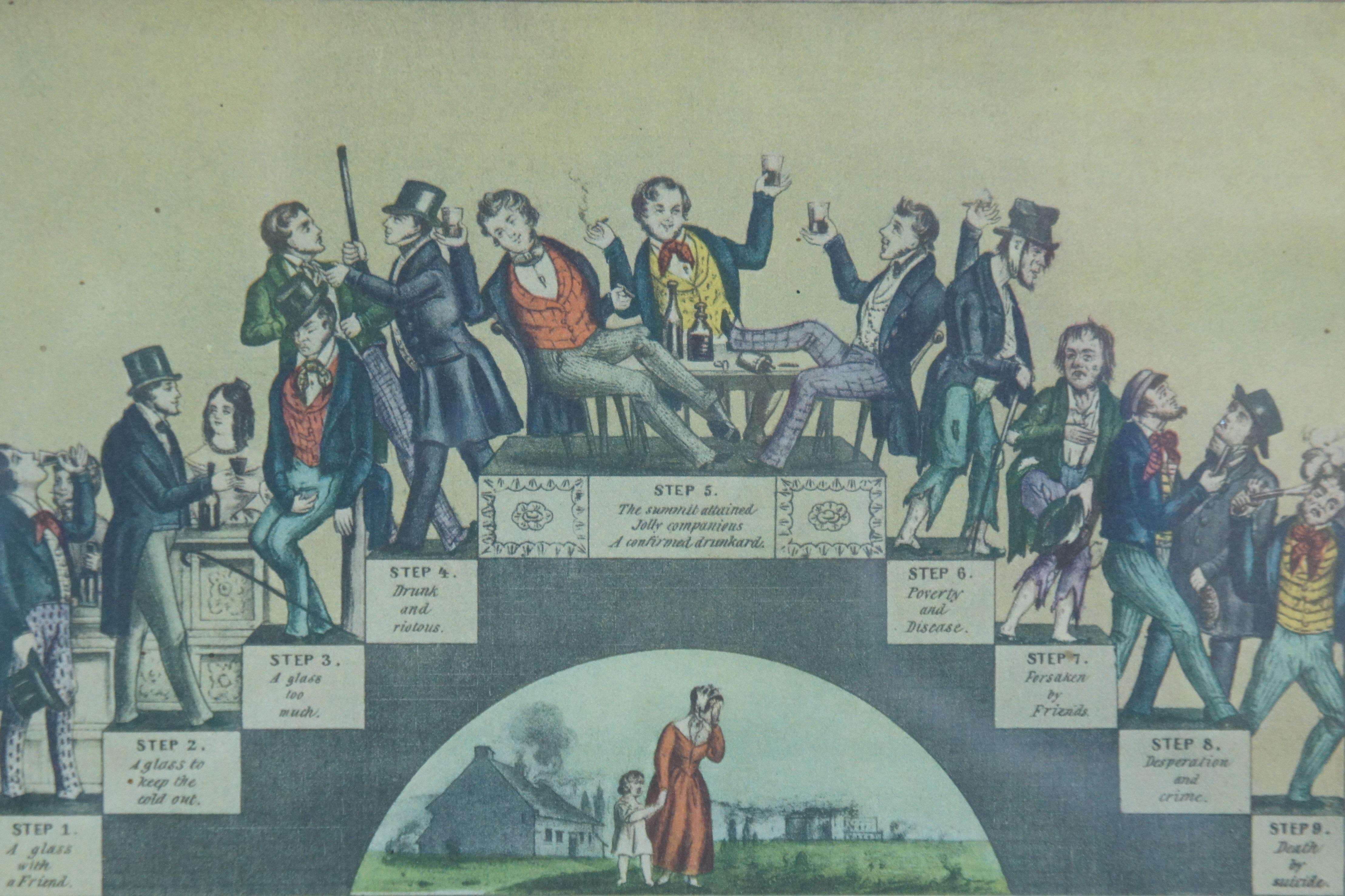 Paper Antique 1848 Currier Drunkards Progress First Glass to the Grave Lithograph  For Sale