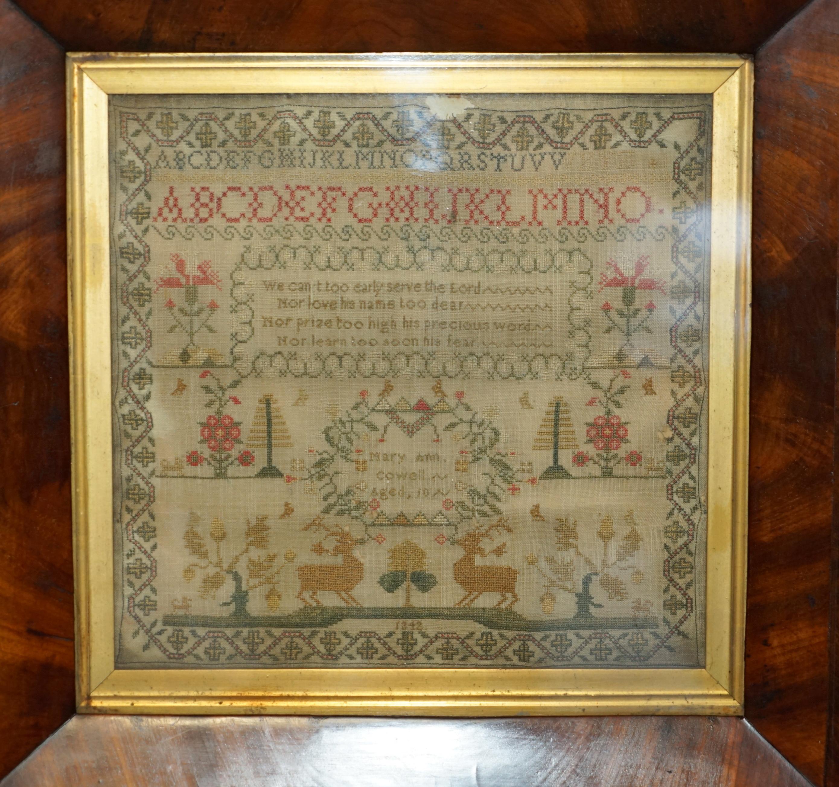 Royal House Antiques

Royal House Antiques is delighted to offer for sale this rather stunning, 1848 dated needlework sampler made during the reign of Queen Victorian by young Mary Ann Cowell aged 10 years old 

I have three others of these samplers