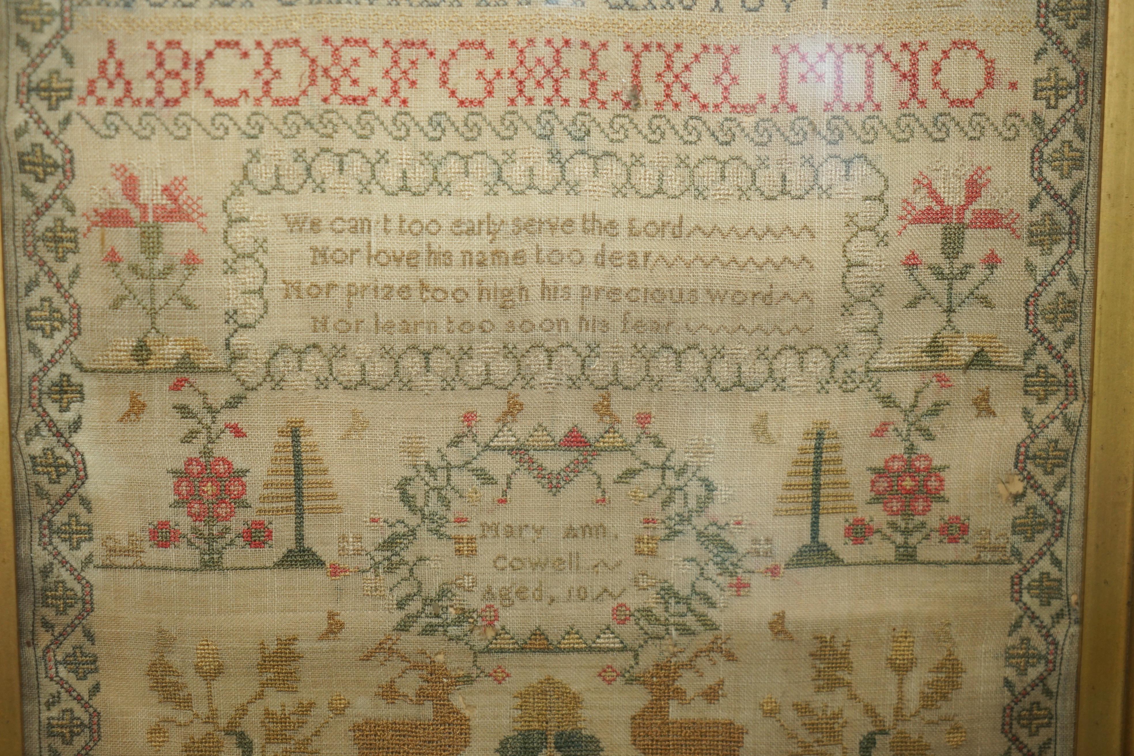 Hand-Crafted ANTIQUE 1848 ORIGINAL MiD VICTORIAN NEEDLEWORK TAPESTRY SAMPLER HARDWOOD FRAME For Sale