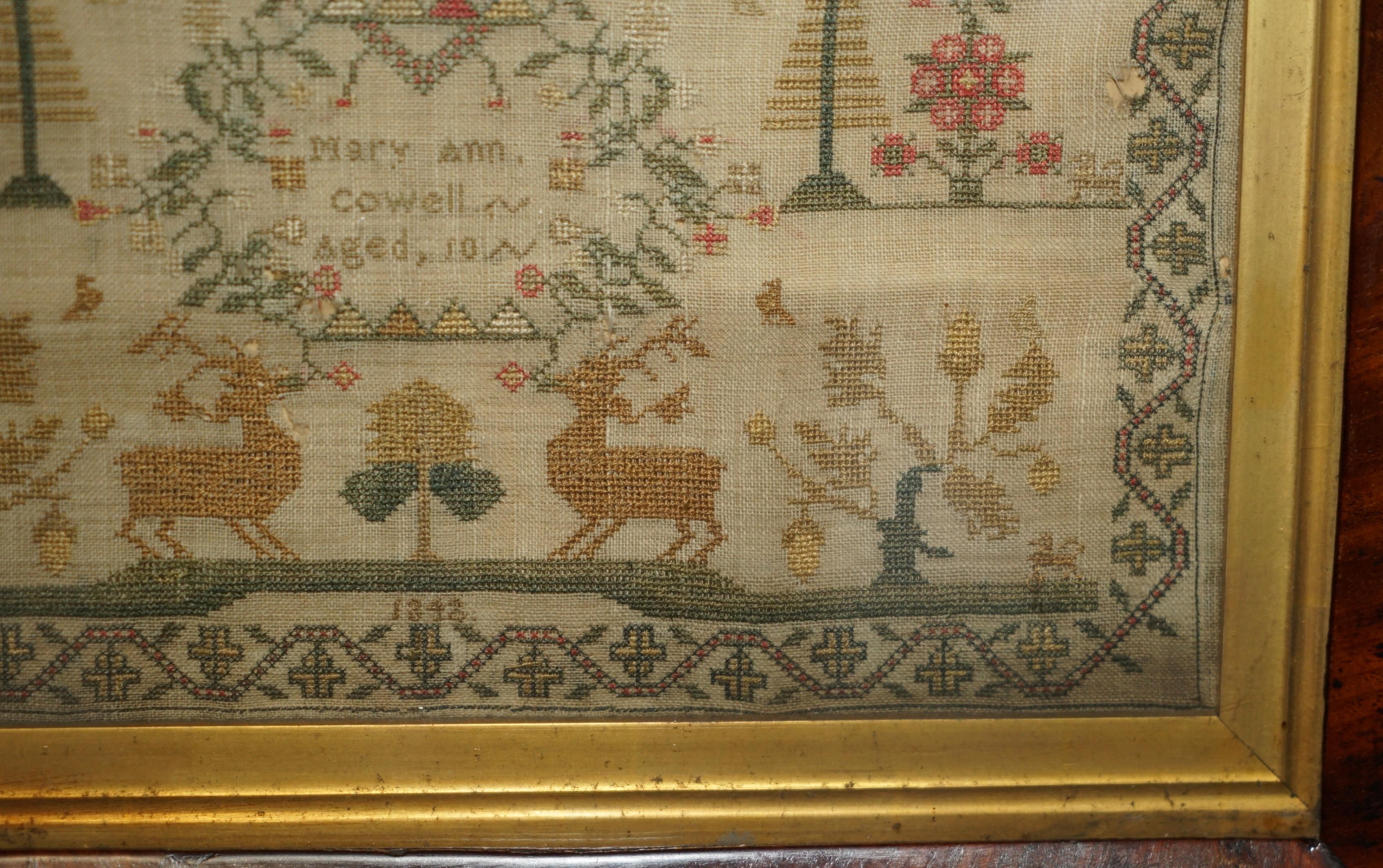 Cotton ANTIQUE 1848 ORIGINAL MiD VICTORIAN NEEDLEWORK TAPESTRY SAMPLER HARDWOOD FRAME For Sale