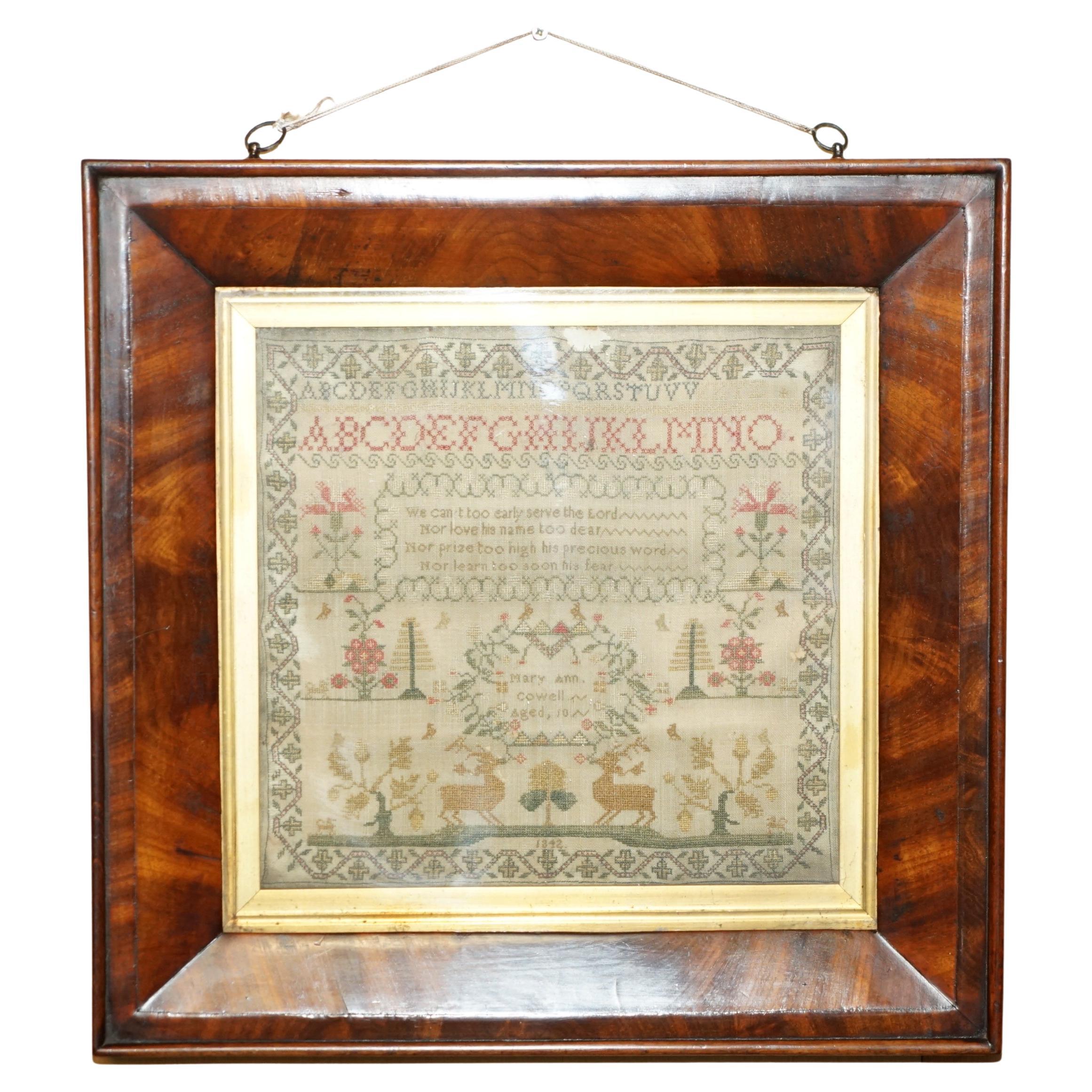 ANTIQUE 1848 ORIGINAL MiD VICTORIAN NEEDLEWORK TAPESTRY SAMPLER HARDWOOD FRAME For Sale