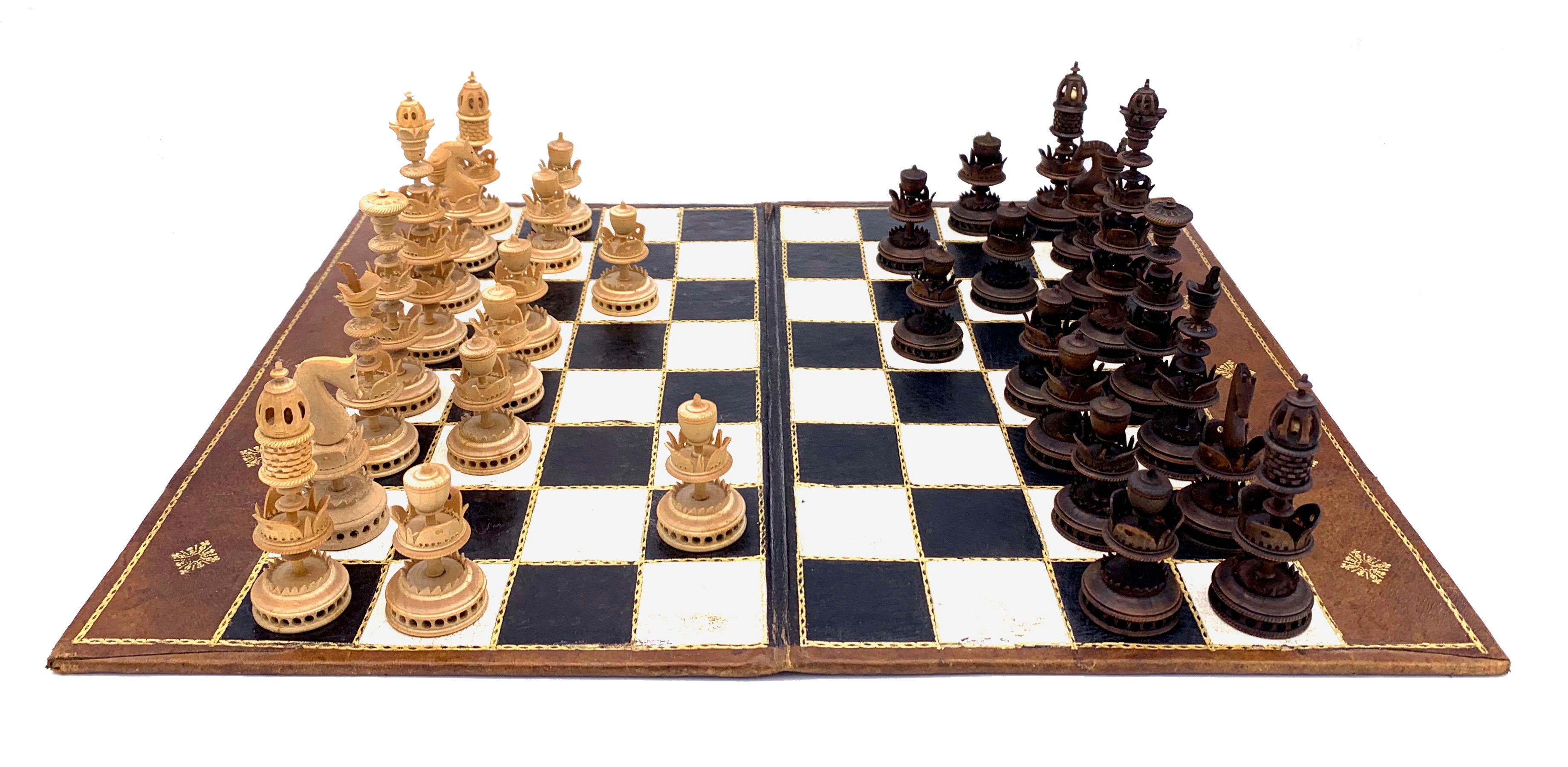 These charming chess game have been exquisitely handcrafted around 1850/60 in the Erzgebirge in Saxony. The Erzgebirge was famous for handcrafted toys masde out of wood in Germany.
They are turned and carved out of maple, and pear wood.


The