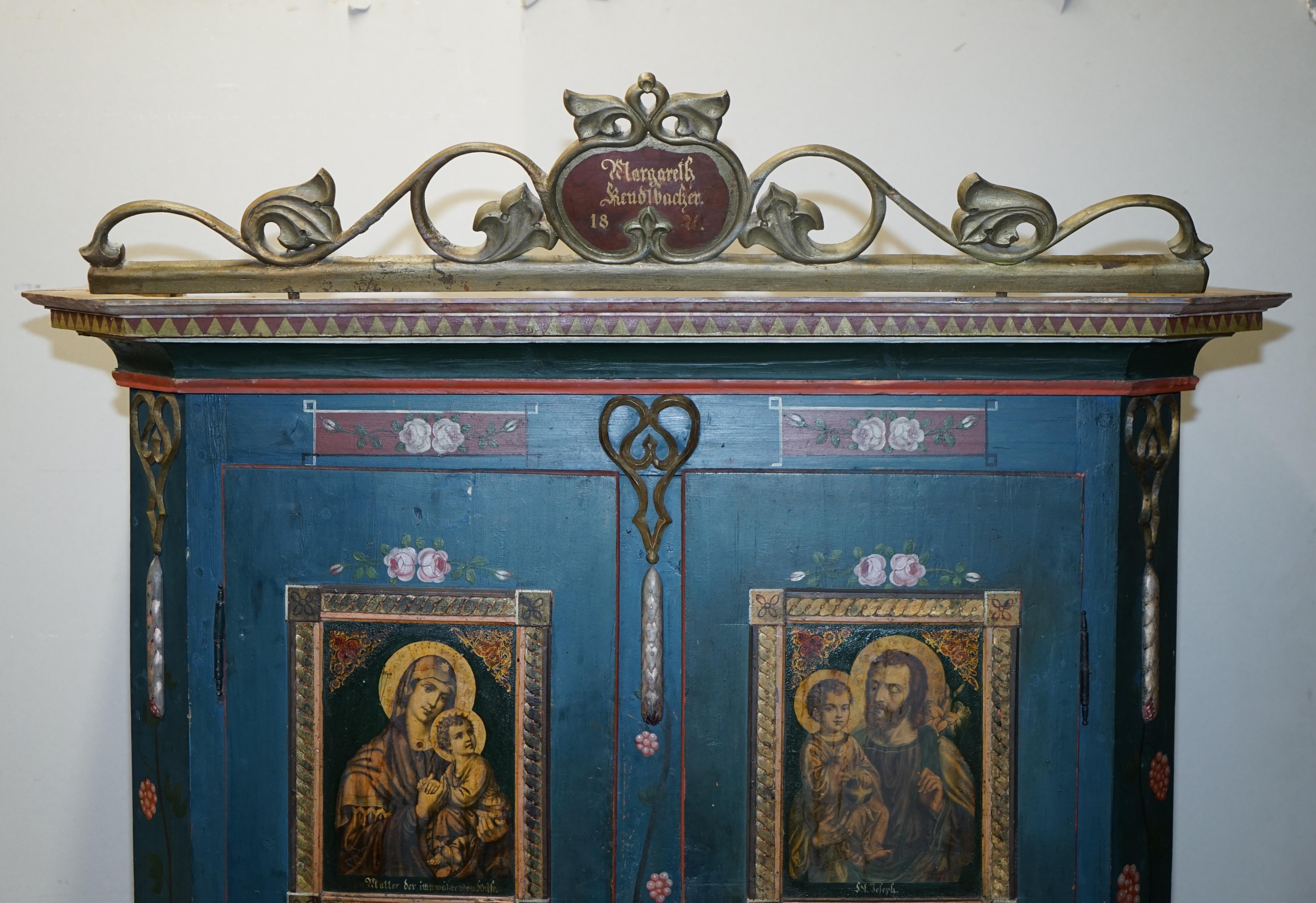 Early Victorian Antique 1850 Hand Painted German Marriage Wardrobe with Religious Icon Panels