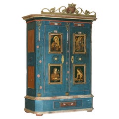 Antique 1850 Hand Painted German Marriage Wardrobe with Religious Icon Panels