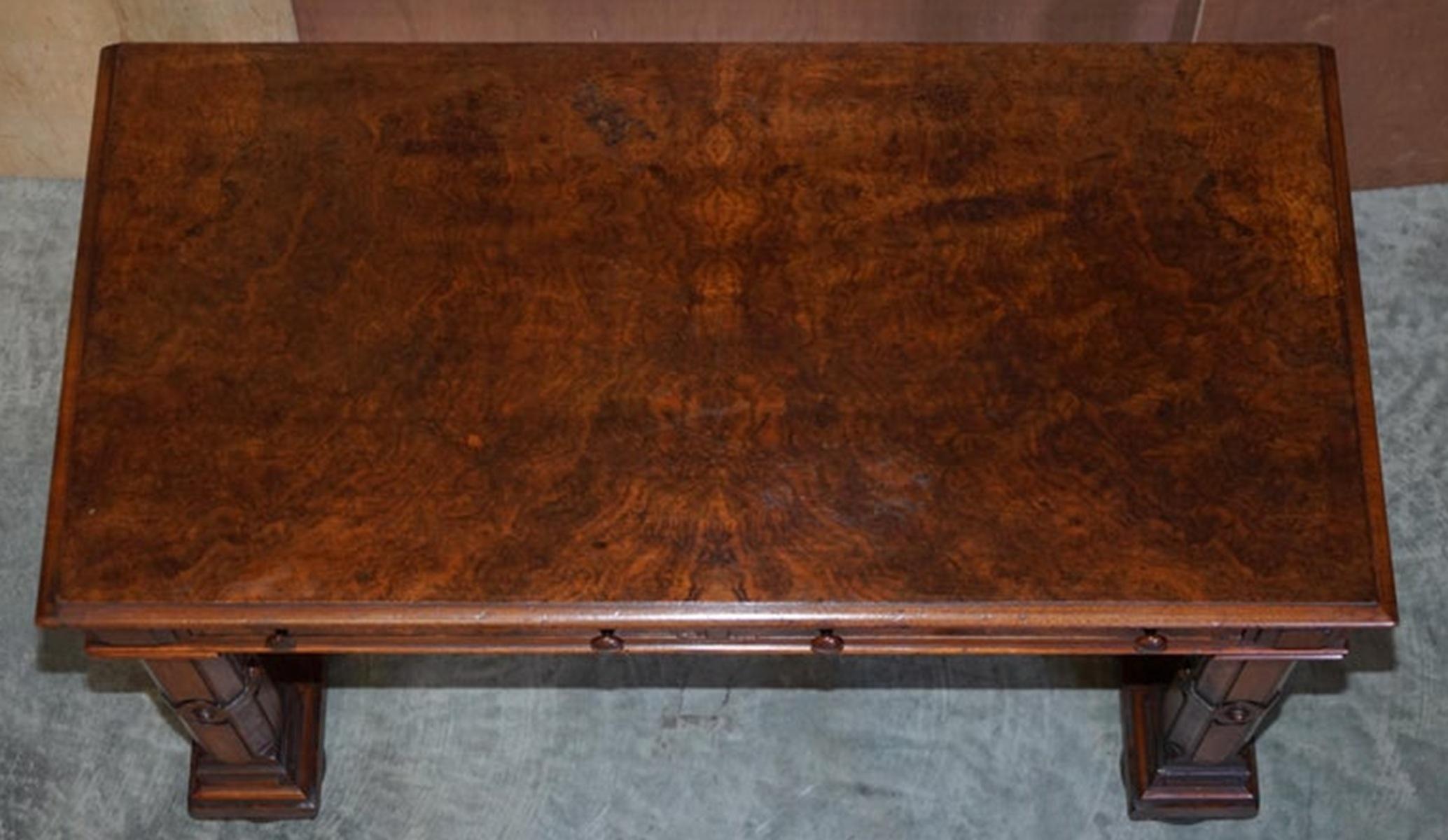 Antique 1850 Renaissance Revival Burr Walnut Pugin Gothic Writing Table Desk For Sale 4