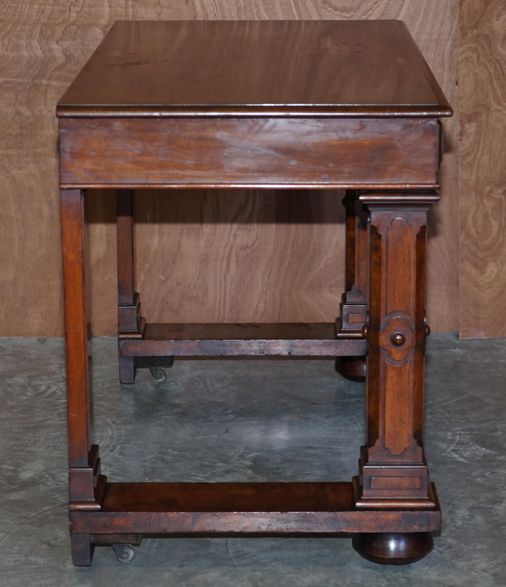 Antique 1850 Renaissance Revival Burr Walnut Pugin Gothic Writing Table Desk 4