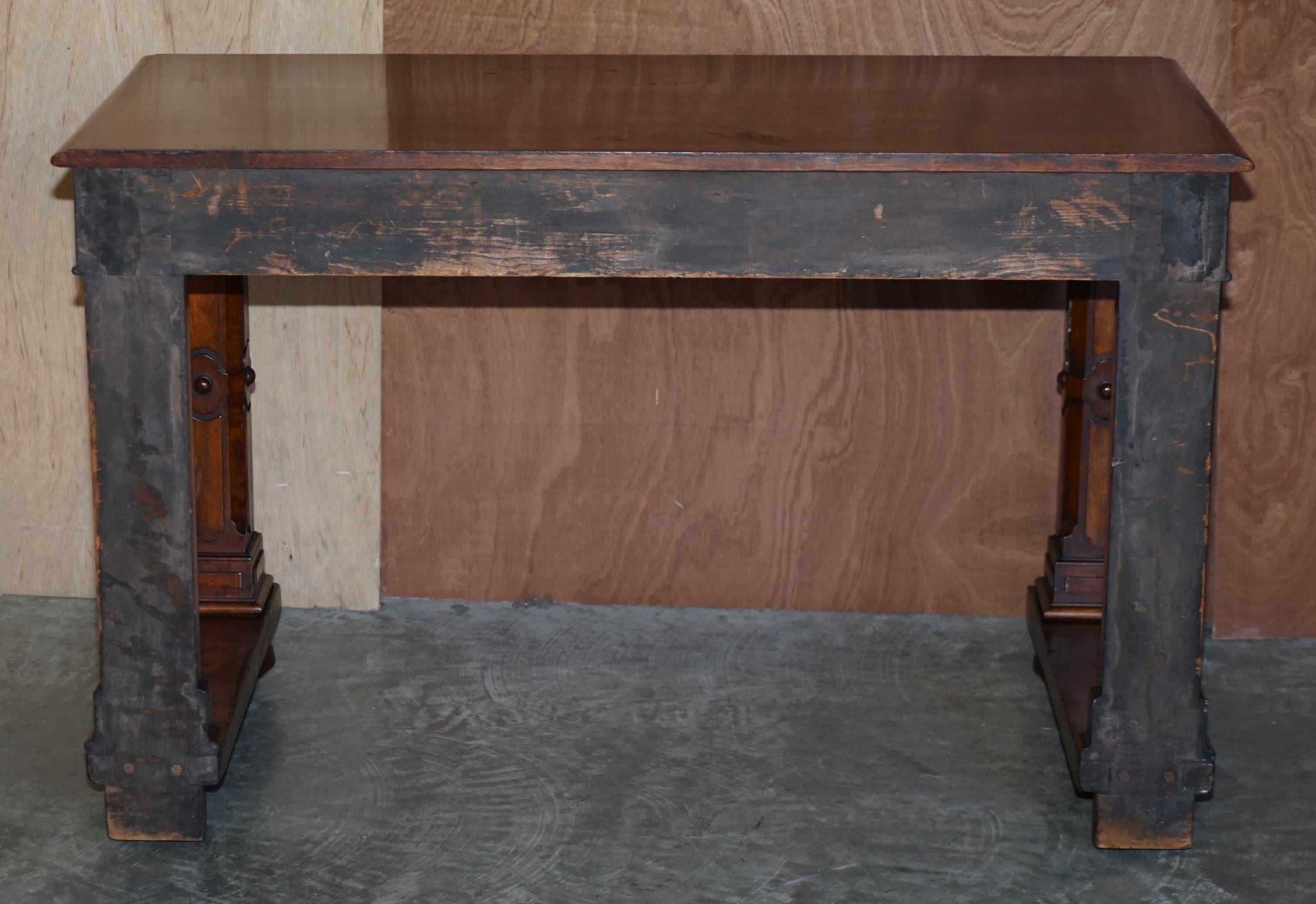 Antique 1850 Renaissance Revival Burr Walnut Pugin Gothic Writing Table Desk 6