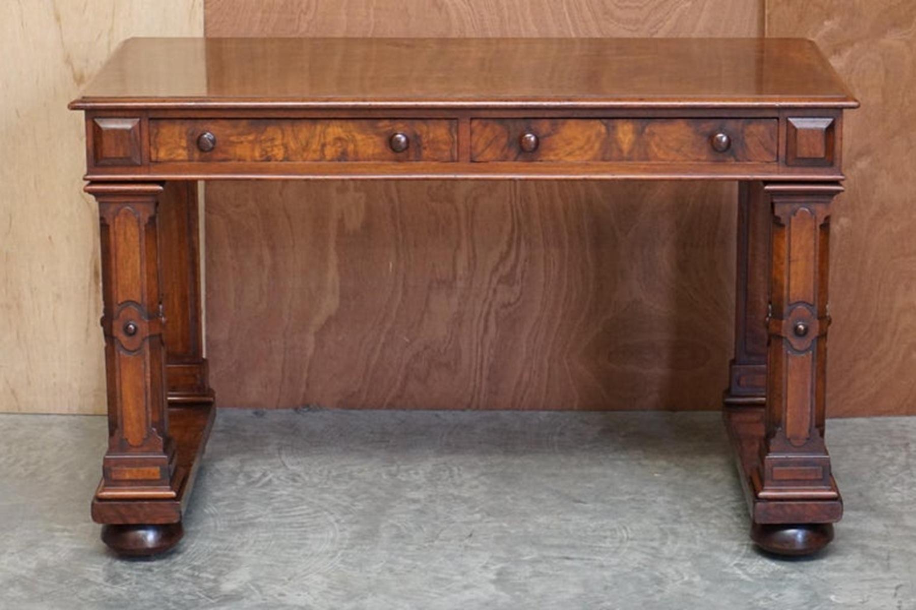 English Antique 1850 Renaissance Revival Burr Walnut Pugin Gothic Writing Table Desk For Sale