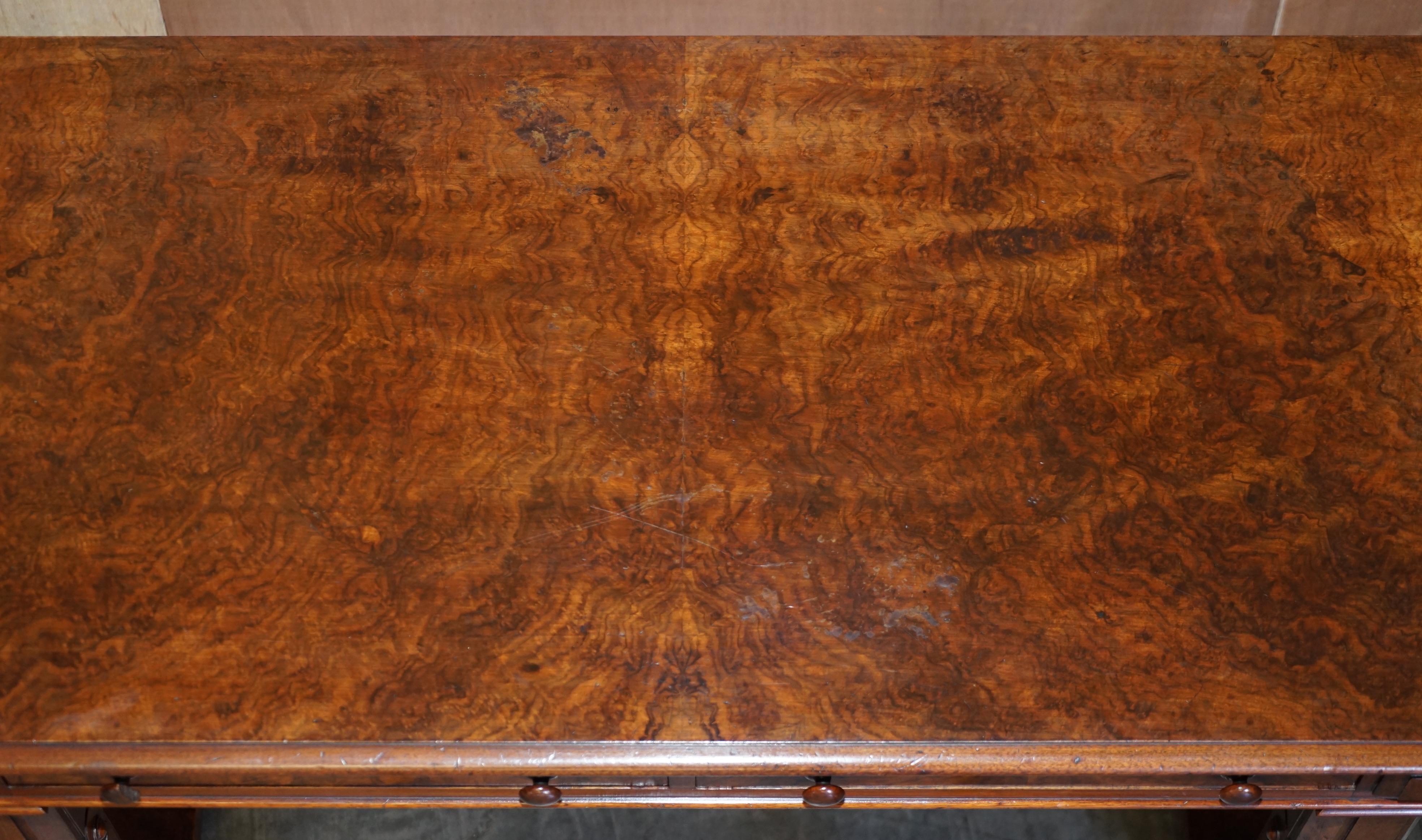 English Antique 1850 Renaissance Revival Burr Walnut Pugin Gothic Writing Table Desk