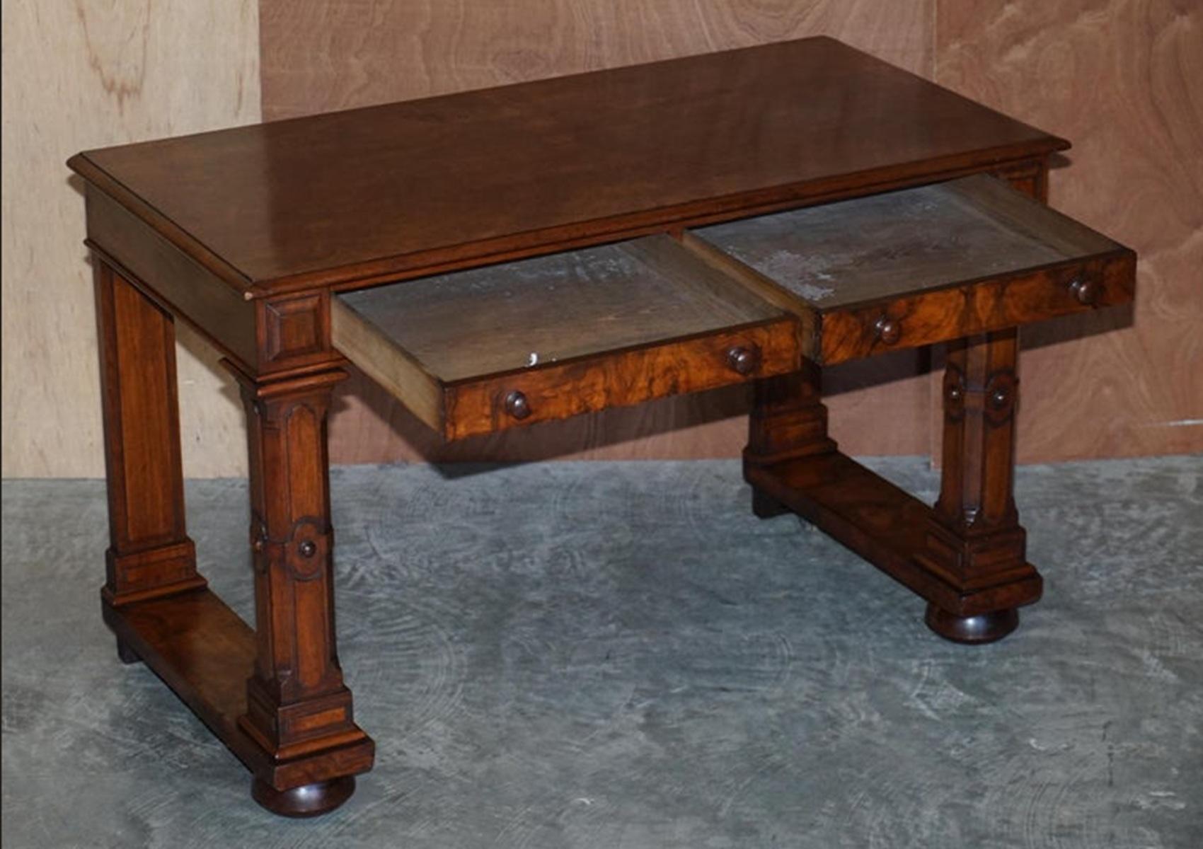 Antique 1850 Renaissance Revival Burr Walnut Pugin Gothic Writing Table Desk For Sale 1
