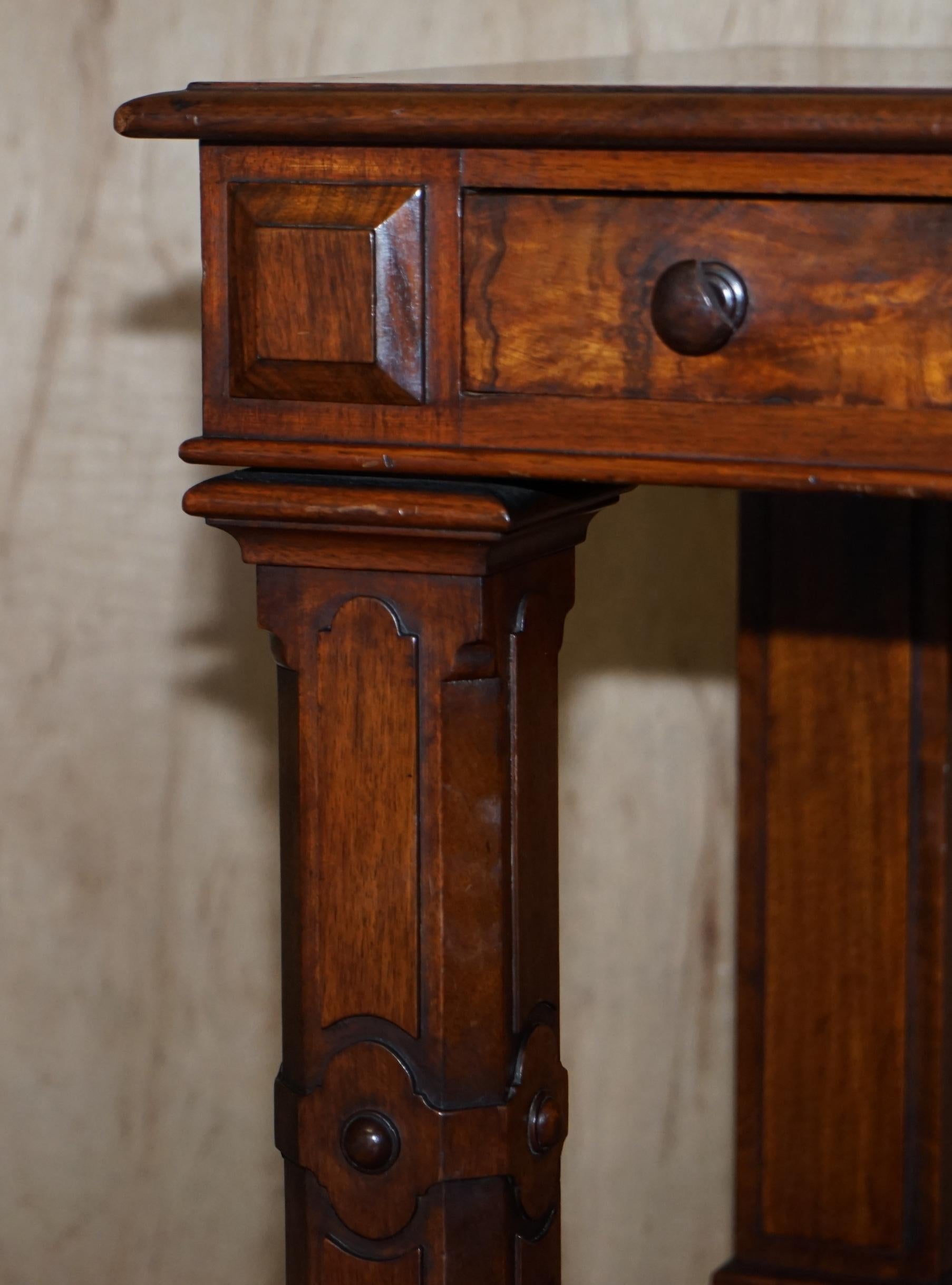 Antique 1850 Renaissance Revival Burr Walnut Pugin Gothic Writing Table Desk 2
