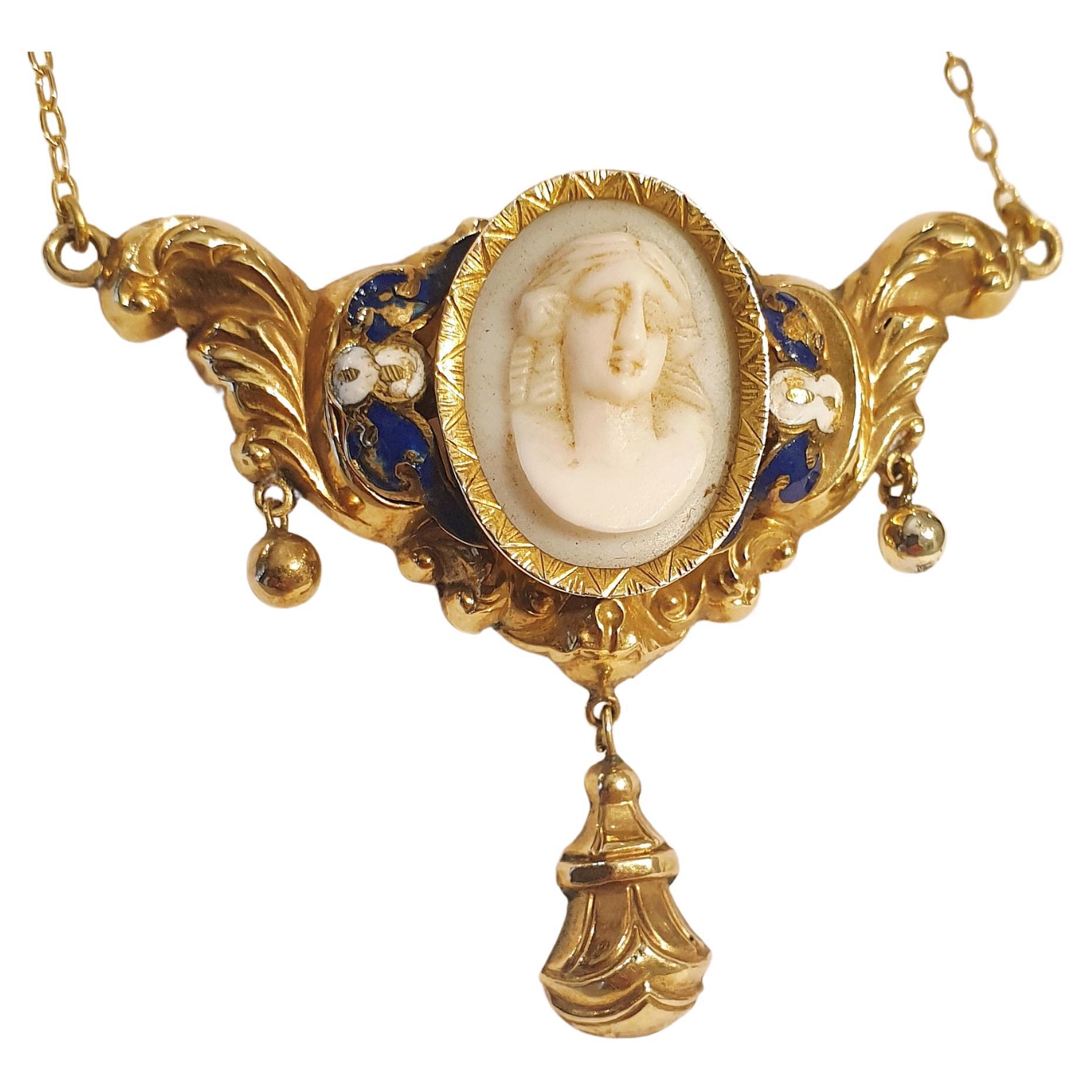 Antique 1850s Cameo Enamel Gold Necklace For Sale