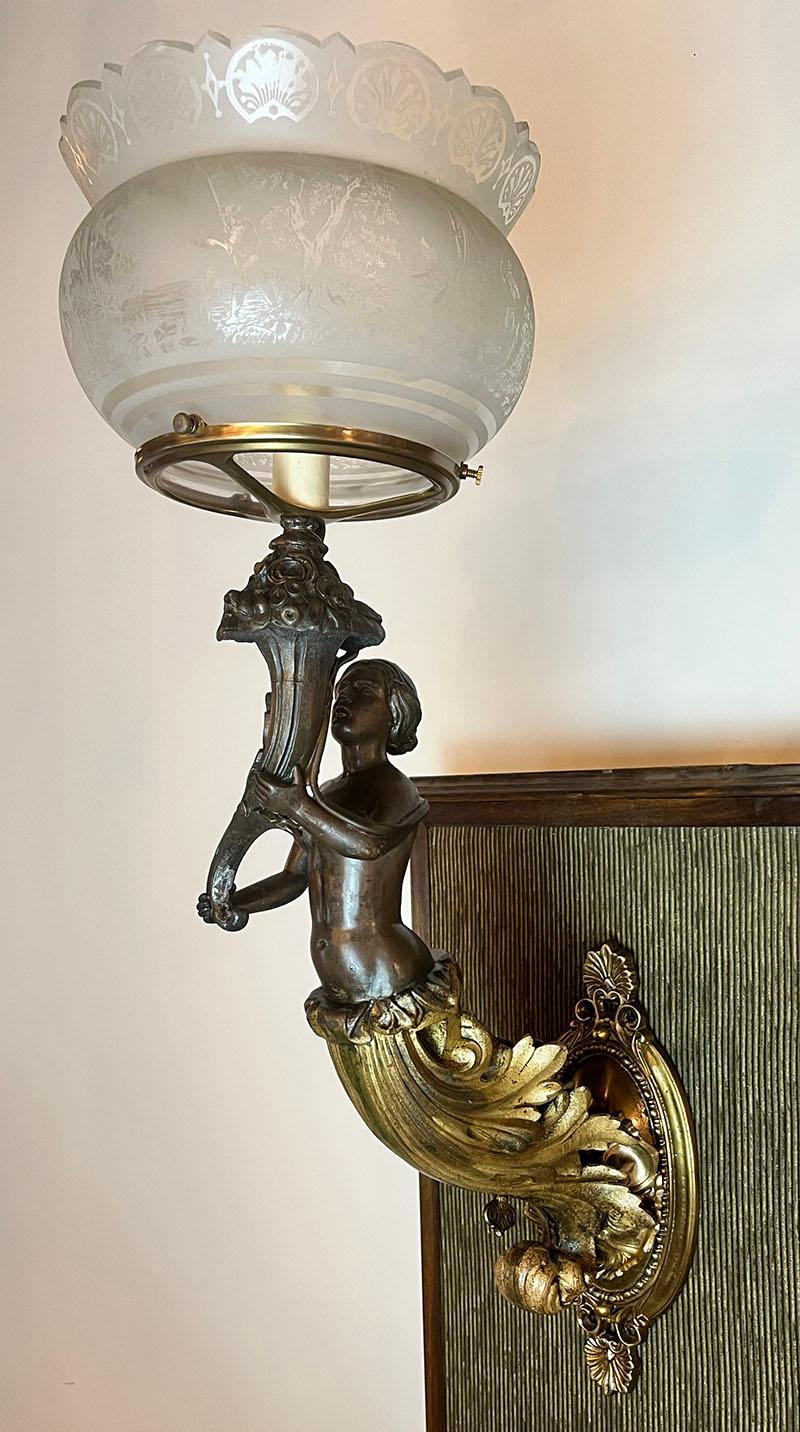 Stunning early 1850s figural light attributed to Archer Warner Miskey Co. of Philadelphia. Finish is all original and is a combination of bronze and gilded brass. These were high end lights in their day as gas lighting was reserved for the wealthy