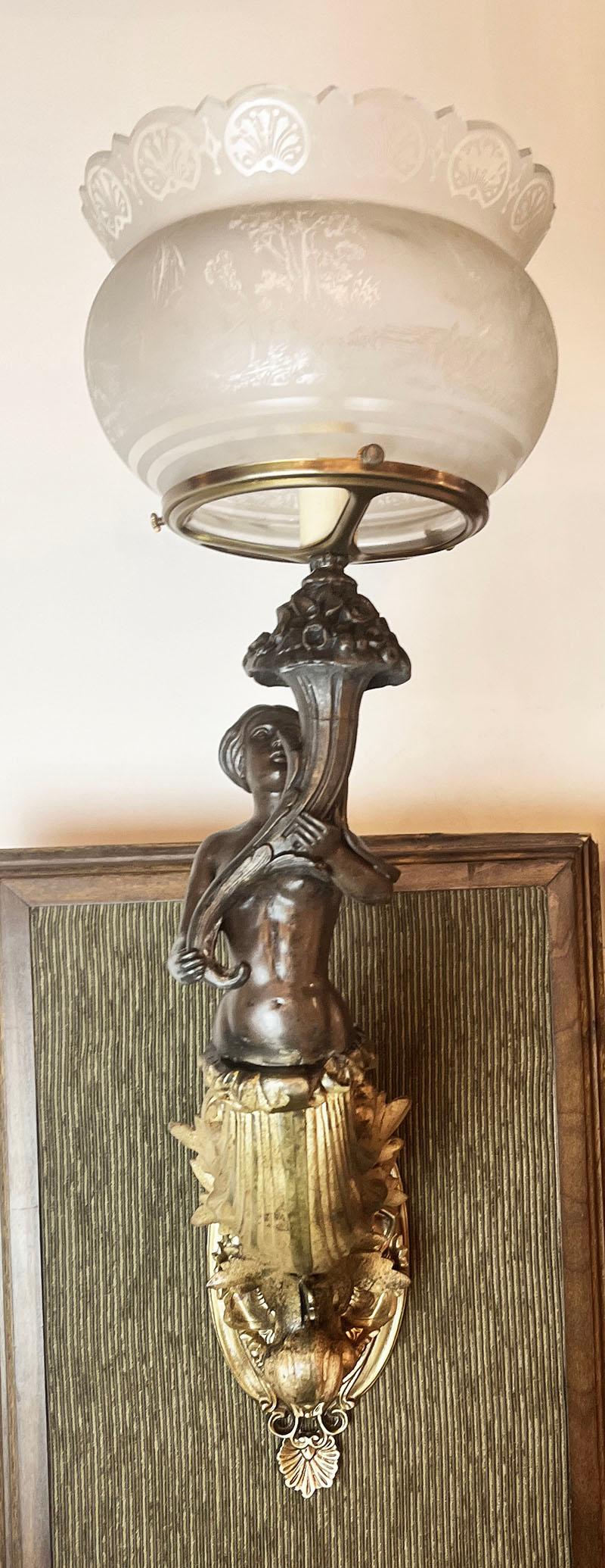 Antique 1850s Converted Gas Figural Maiden Sconce Attributed to Archer, Warner In Good Condition For Sale In Mississauga, CA