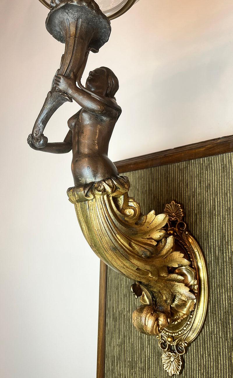 Brass Antique 1850s Converted Gas Figural Maiden Sconce Attributed to Archer, Warner For Sale