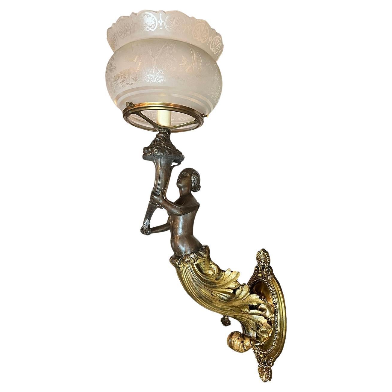 Antique 1850s Converted Gas Figural Maiden Sconce Attributed to Archer, Warner