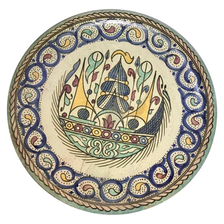 Antique 1850s Large Decorative Moroccan Islamic Serving Plate Handpainted Blue For Sale