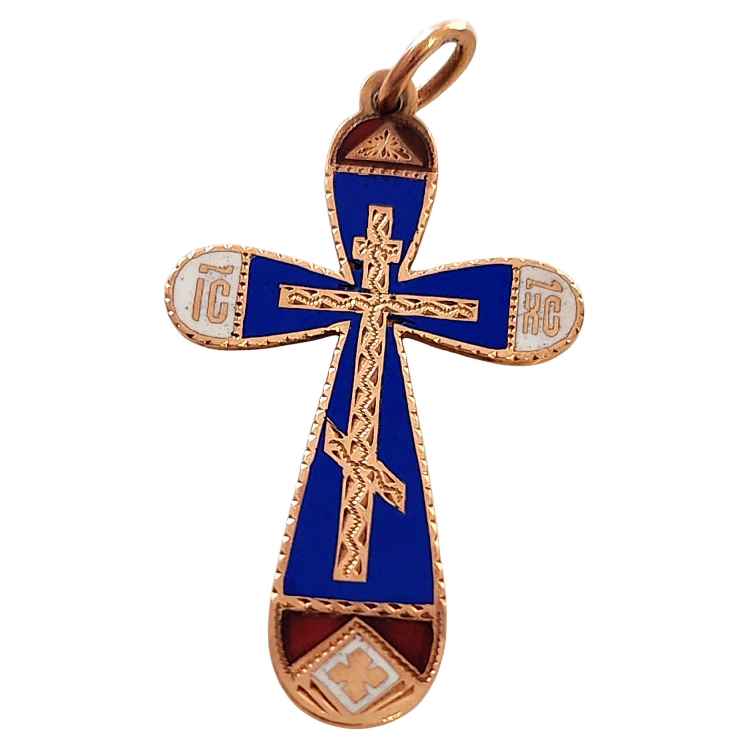 Rare Antique 14k gold colorful blue enamel cross pendant made in st petersburg city during imperial russian era engraved with space sokrani (SAVE AND PROTECT) pendant lenght 4.5cm hall marked with old st petersburg assay mark and initial maker mark