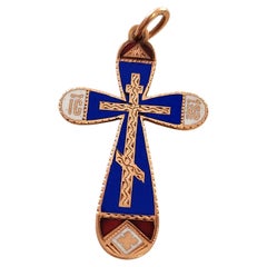 Antique 1850s Enamel Russian Gold Cross Pendant